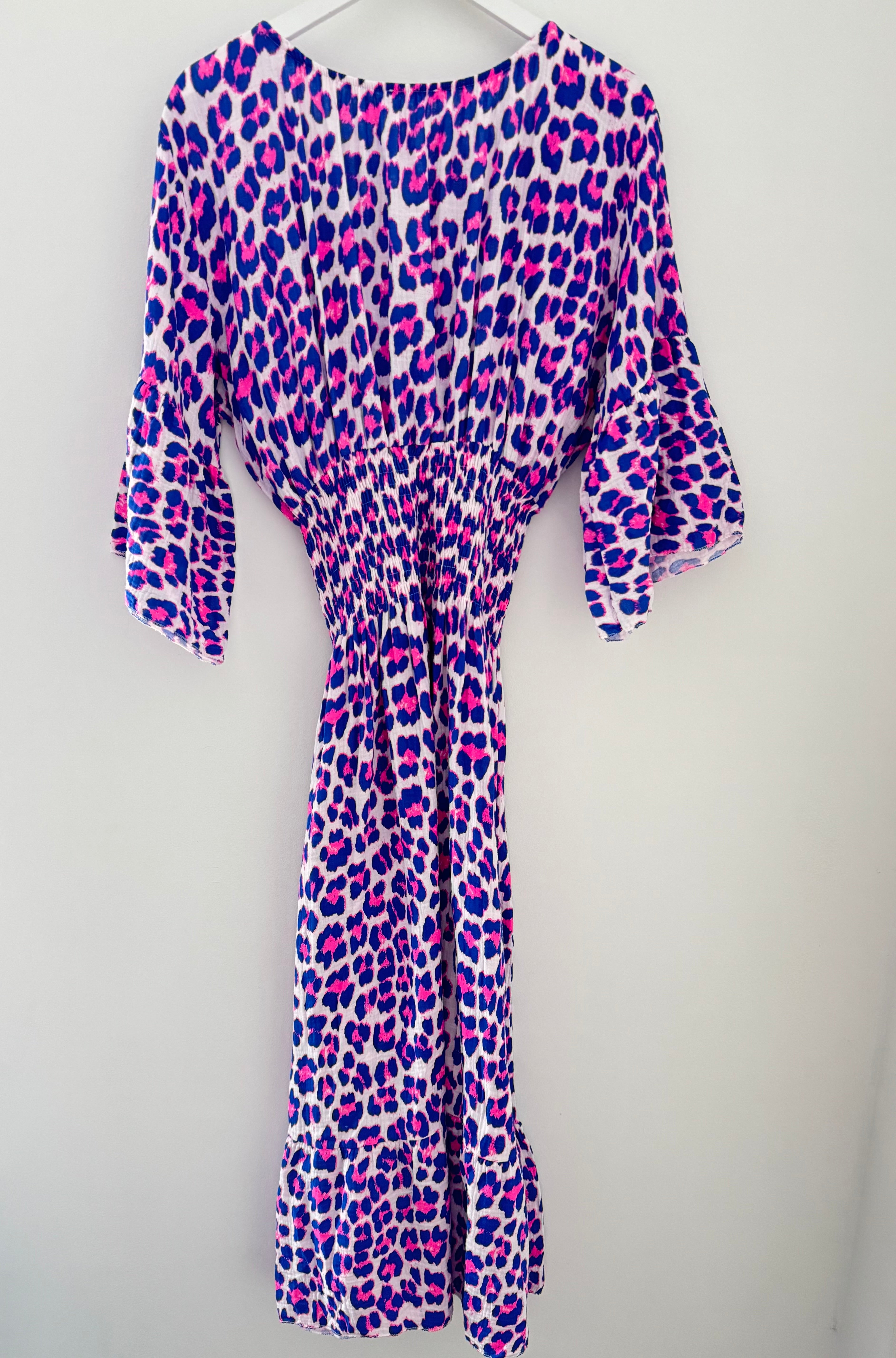 Cheesecloth Midi Dress in Royal & Neon Pink Leopard