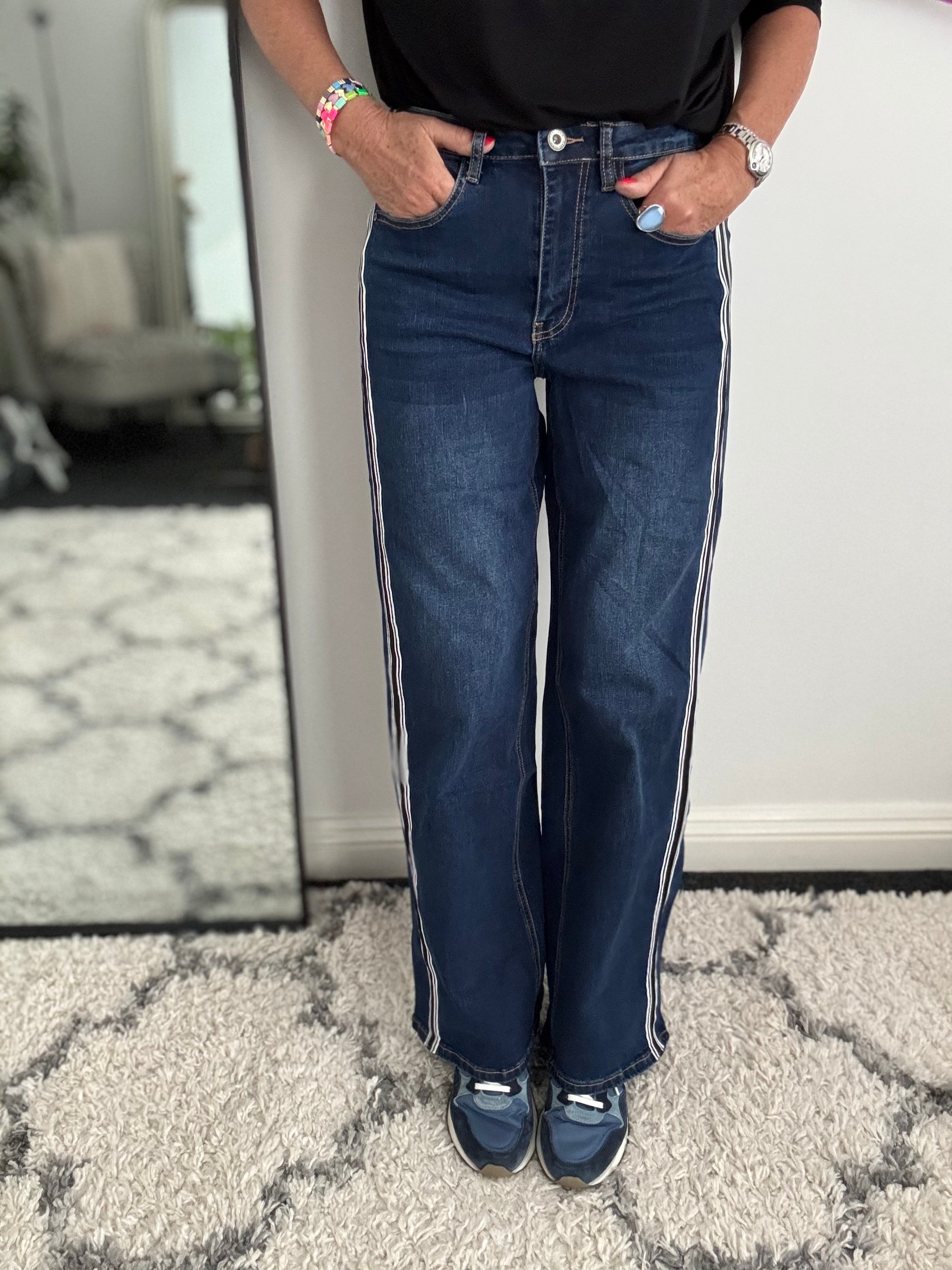 Stretch Flared Jeans with Side Stripes in Dark Denim
