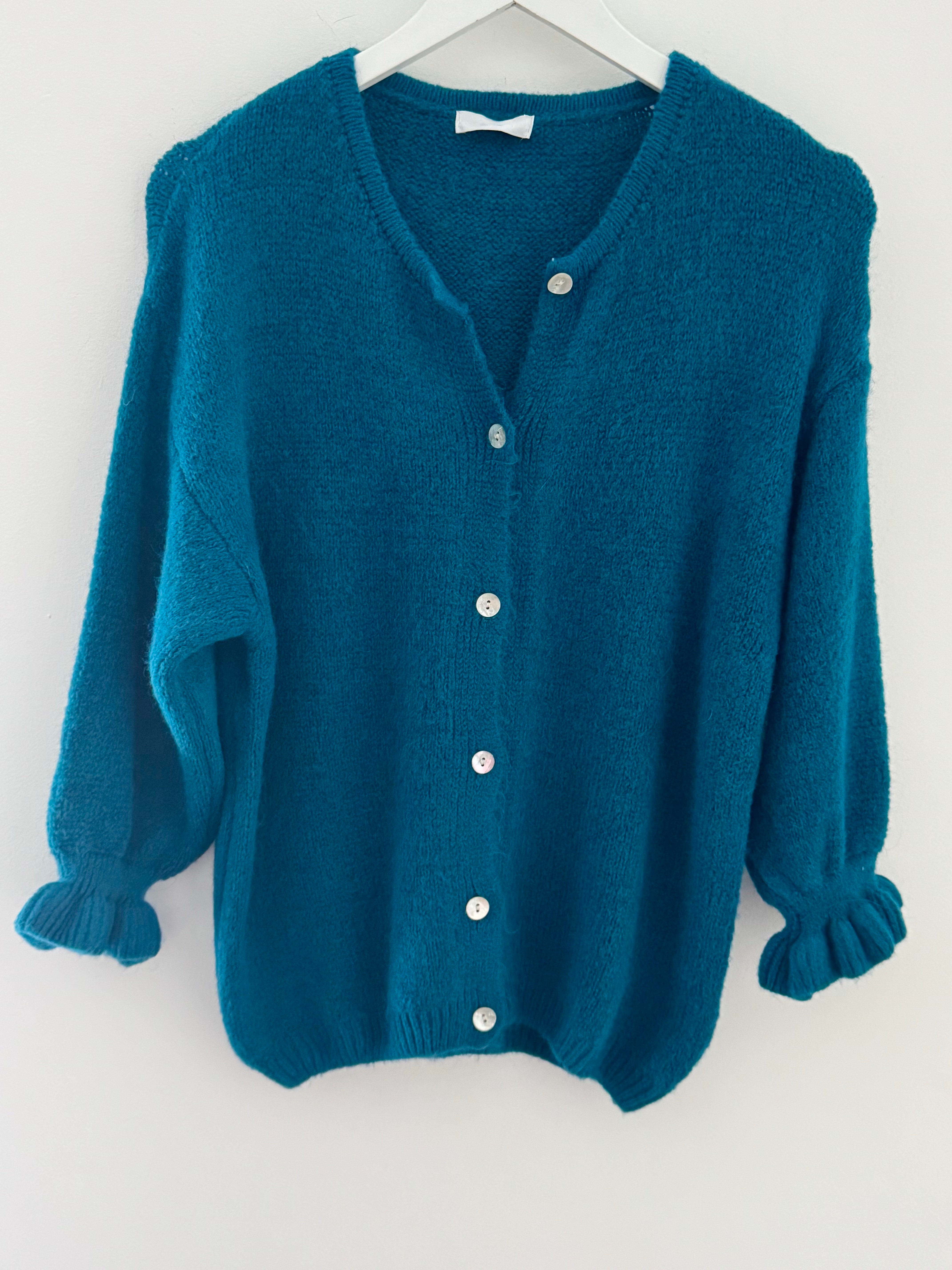 Alpaca Cardi with Frill Cuffs in Teal