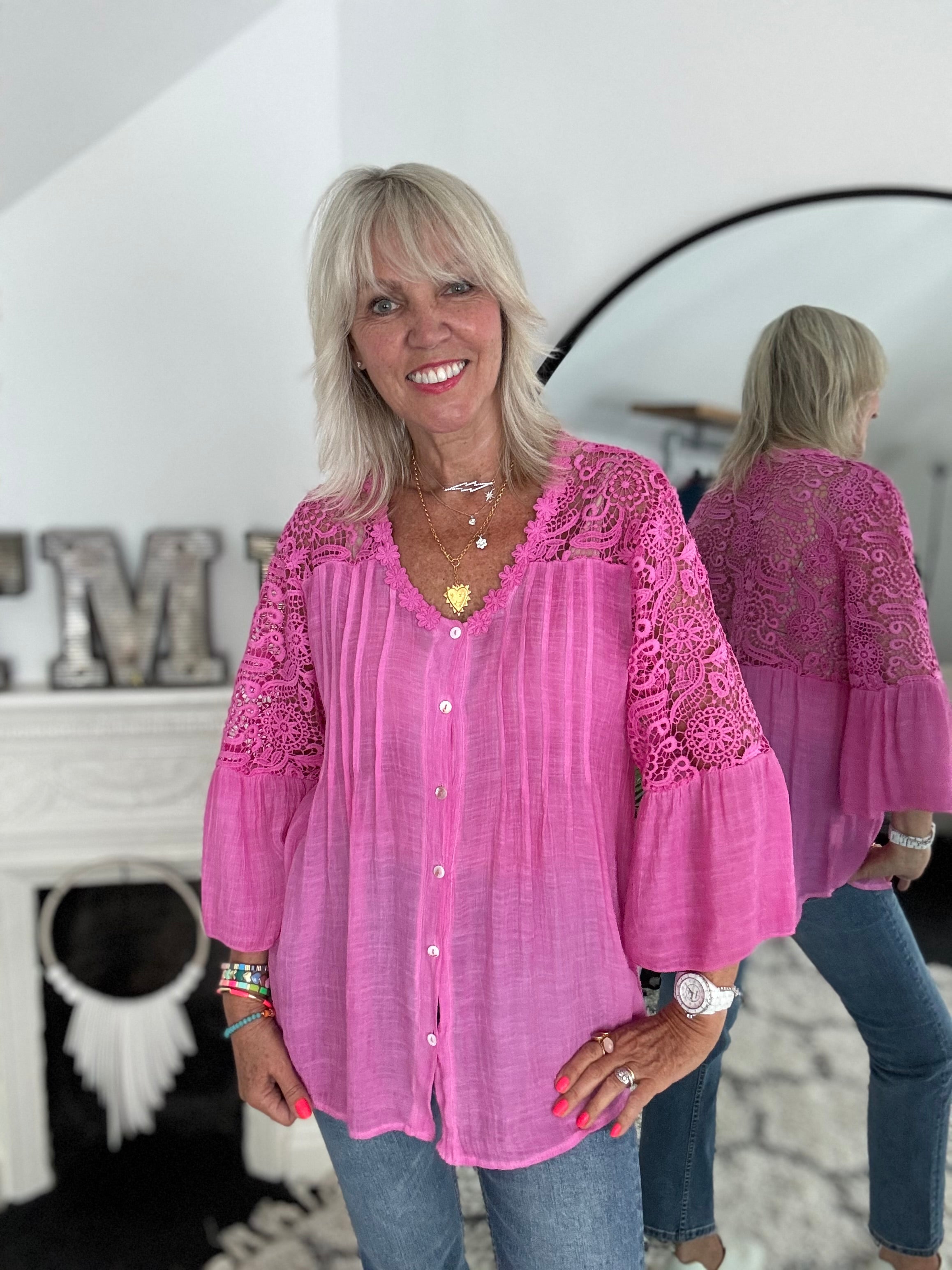 Lace Buttoned Blouse in Fuchsia