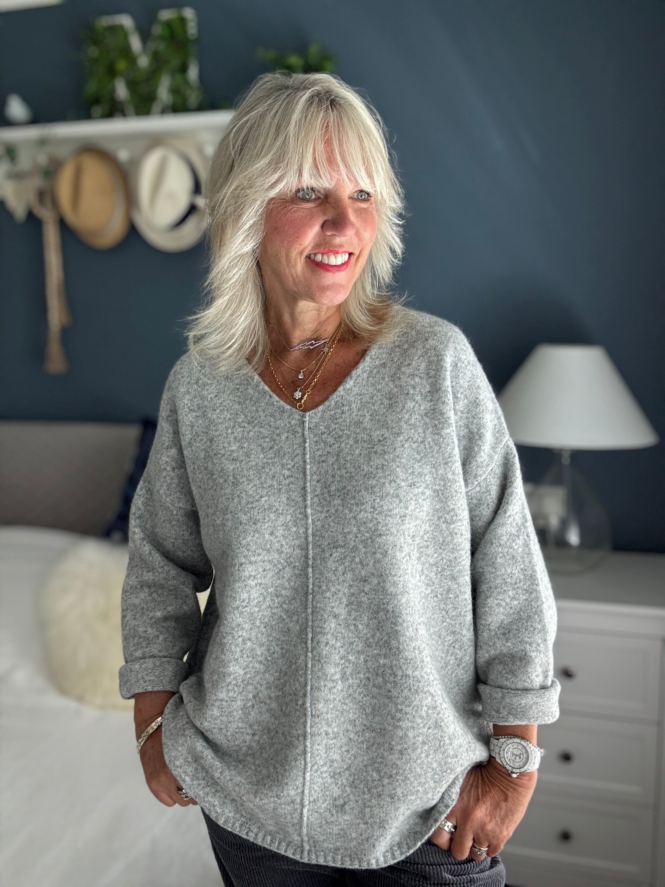 Seam Front V Neck Jumper in Marl Grey