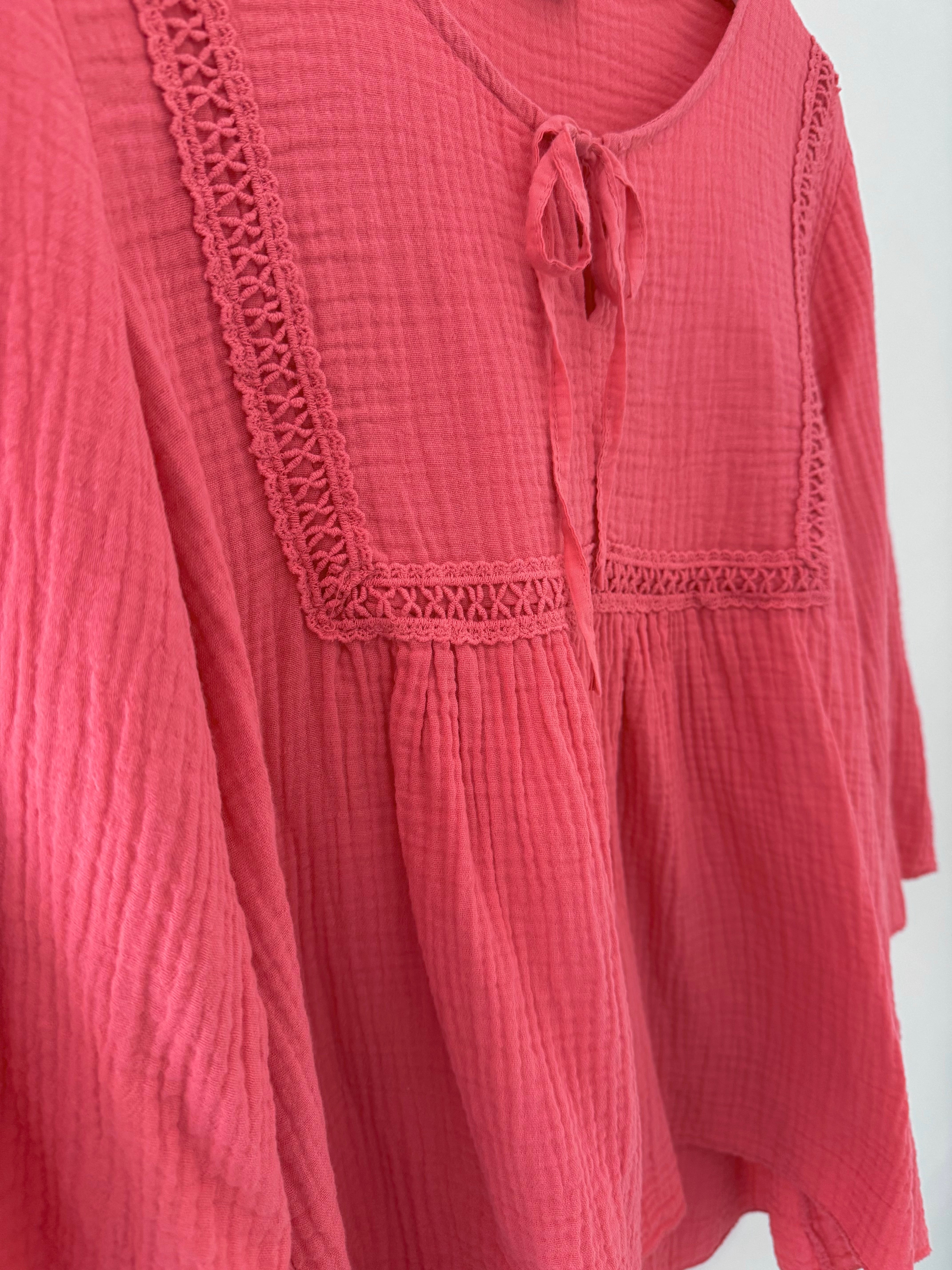 Cheesecloth Folk Blouse in Coral