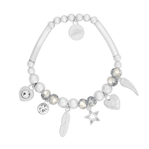 Silver Bracelet with Feather & Heart Charms