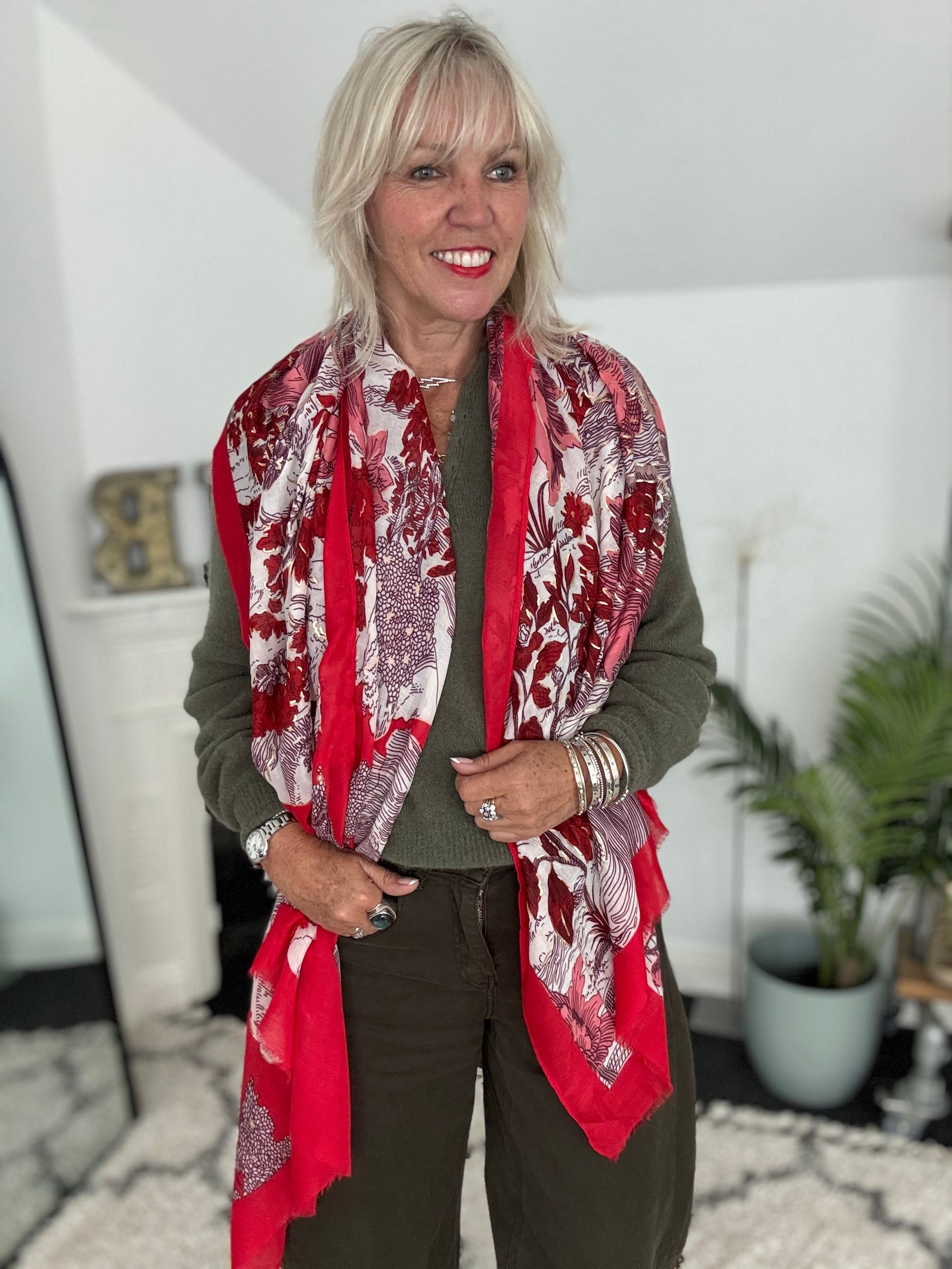 Stunning Leaf Scarf In Red & Pink