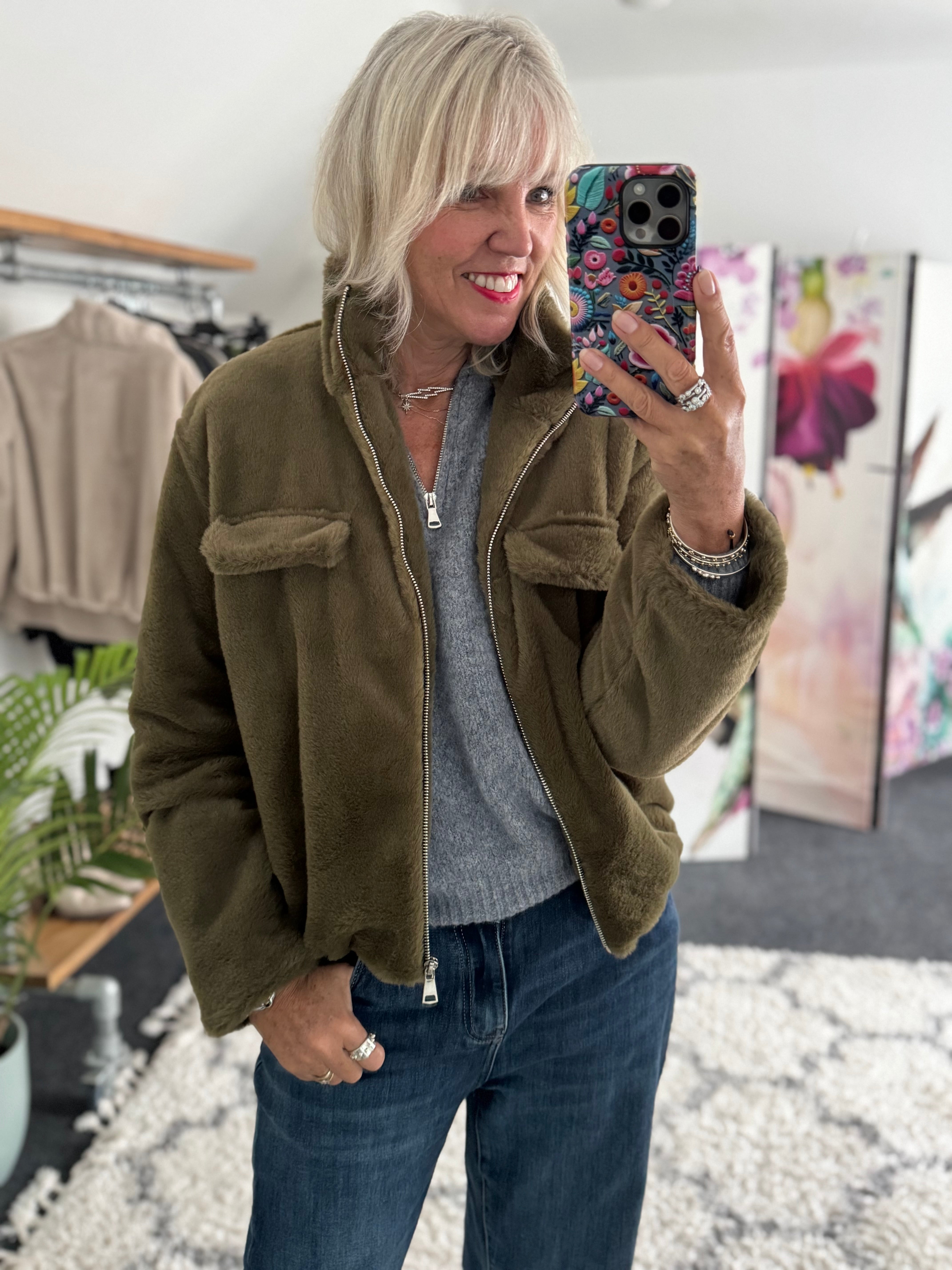 Faux Fur Jacket in Khaki