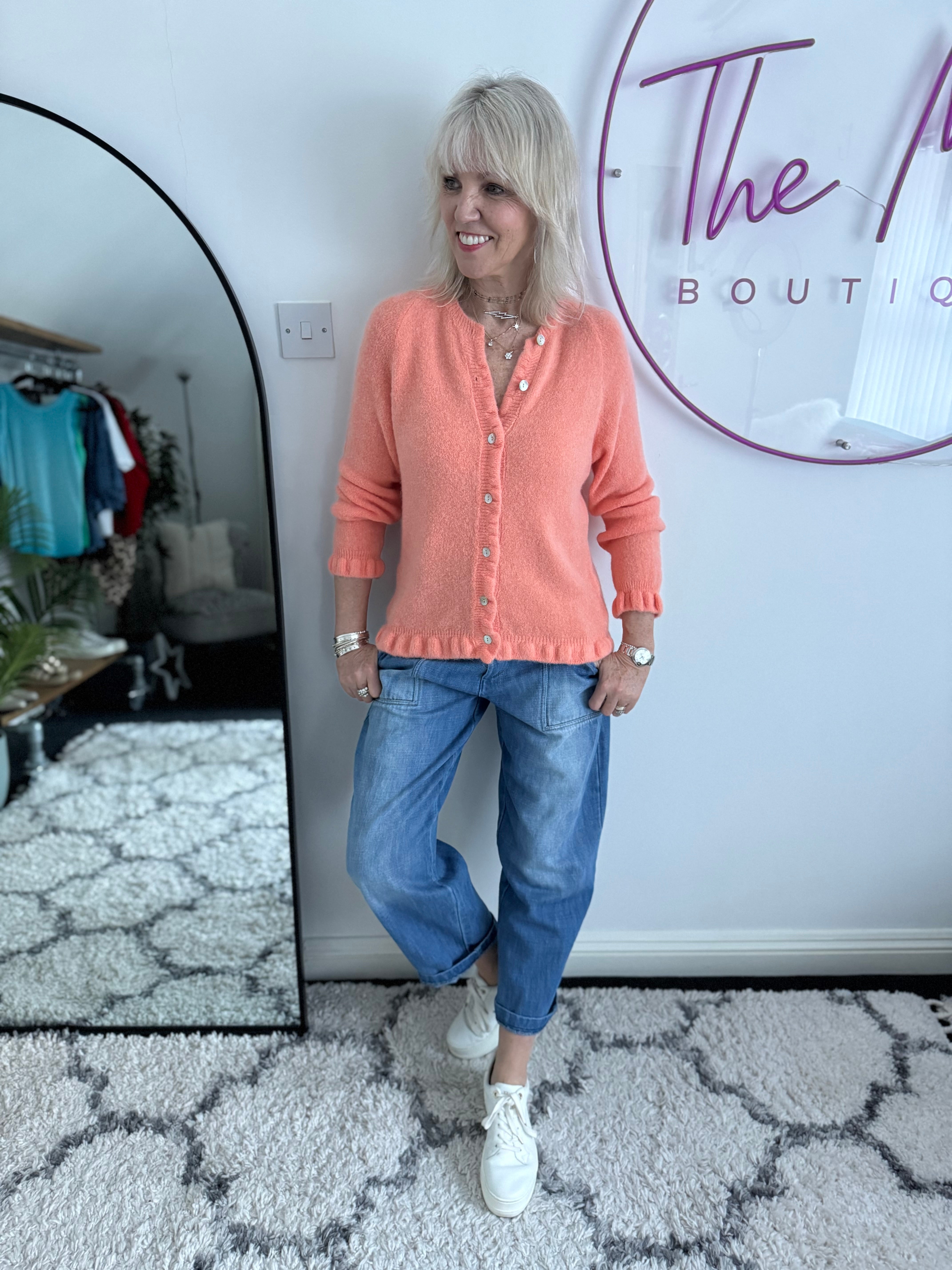Alpaca Cardi with Frill Hems in Soft Tangerine