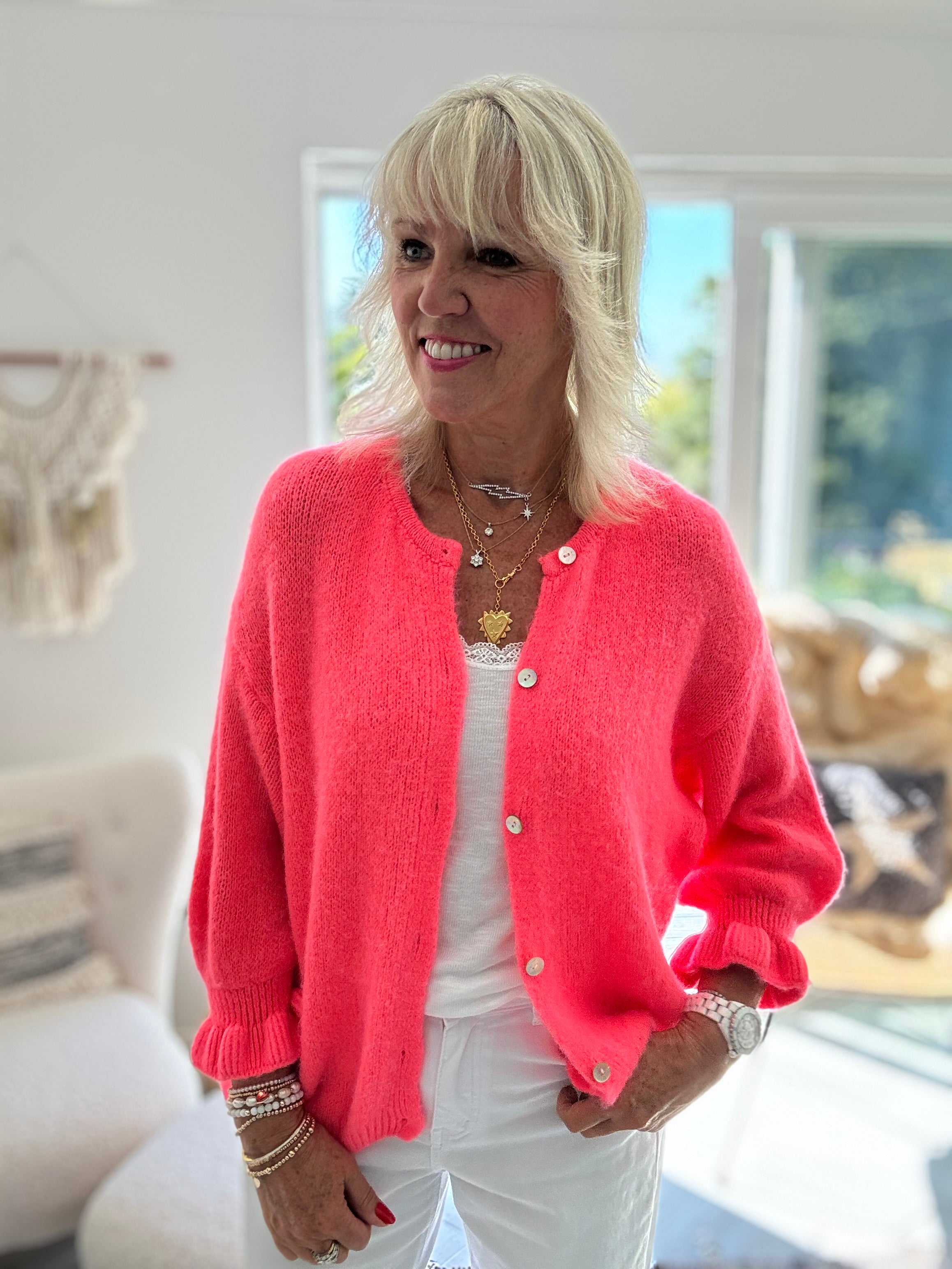 Alpaca Cardi with Frill Cuffs in Neon Coral