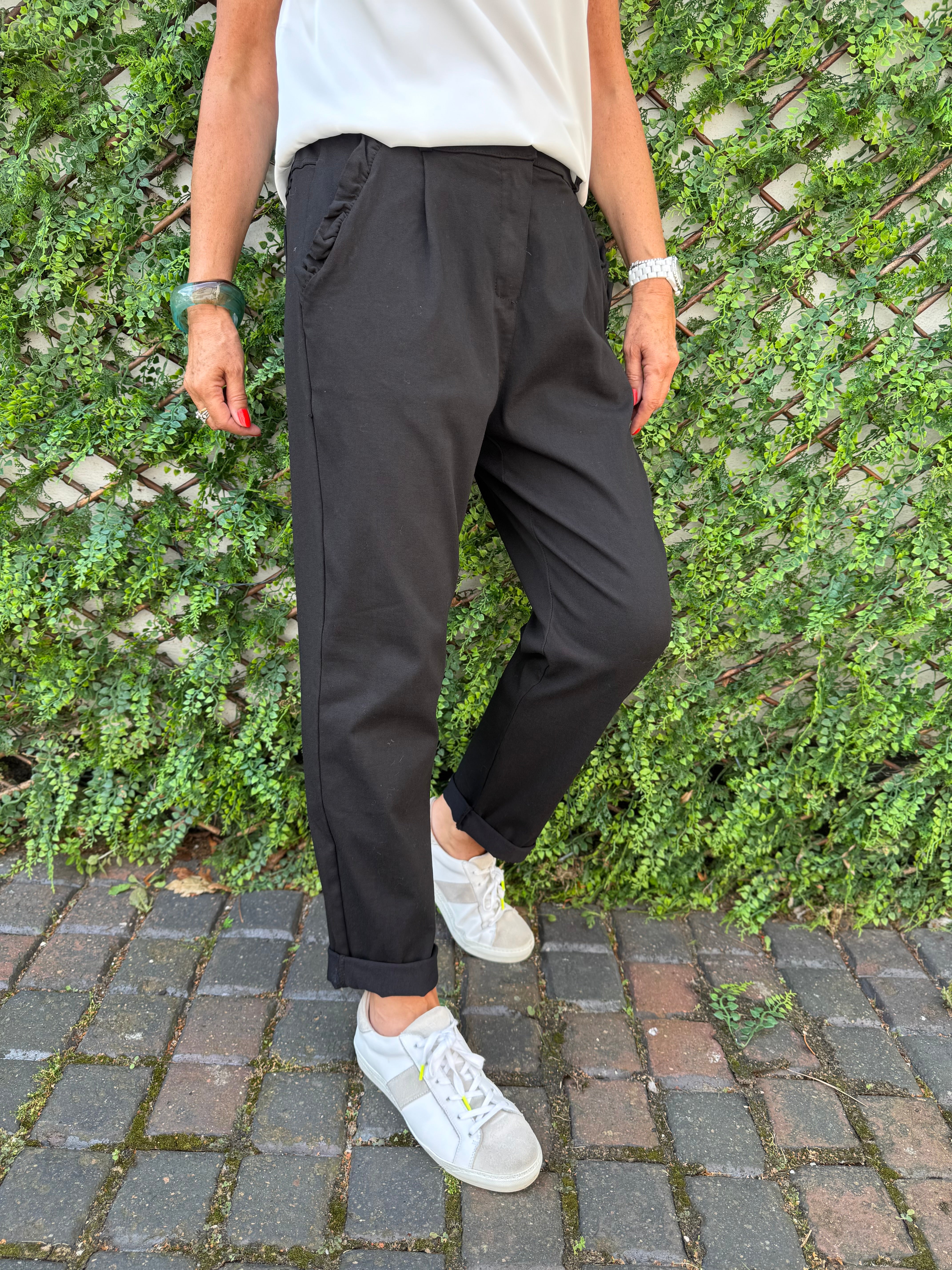 Luxe Stretch Trousers with Ruffle Pocket in Black