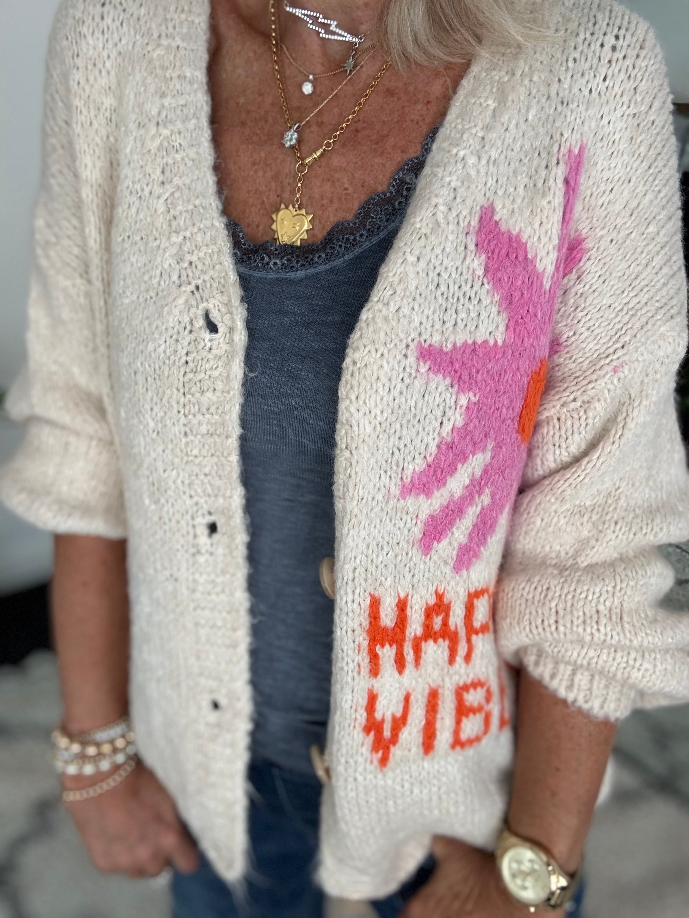 Oversized Happy Vibes Cardi in Stone
