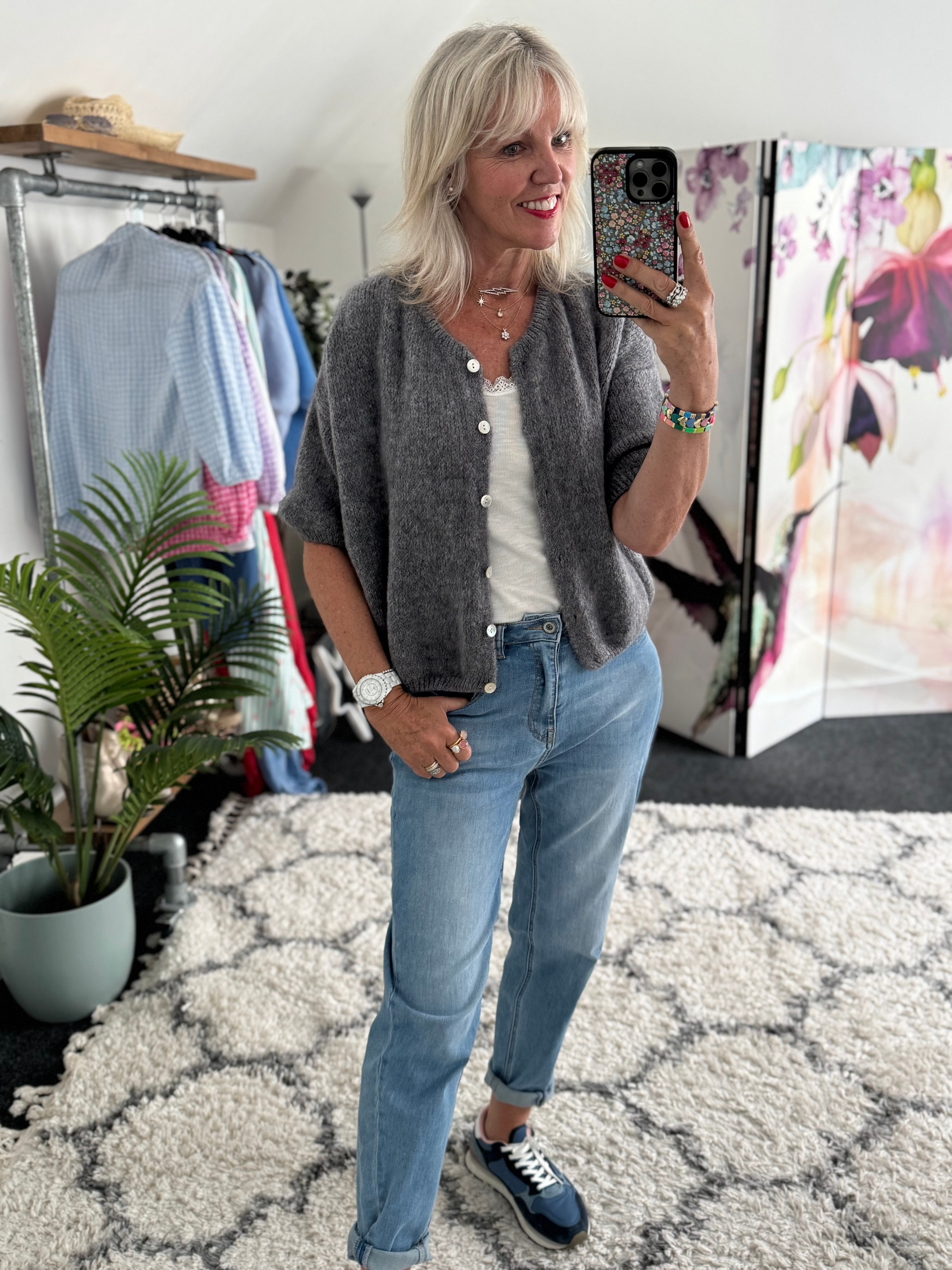 Cropped Sleeve Buttoned Cardi in Soft Charcoal
