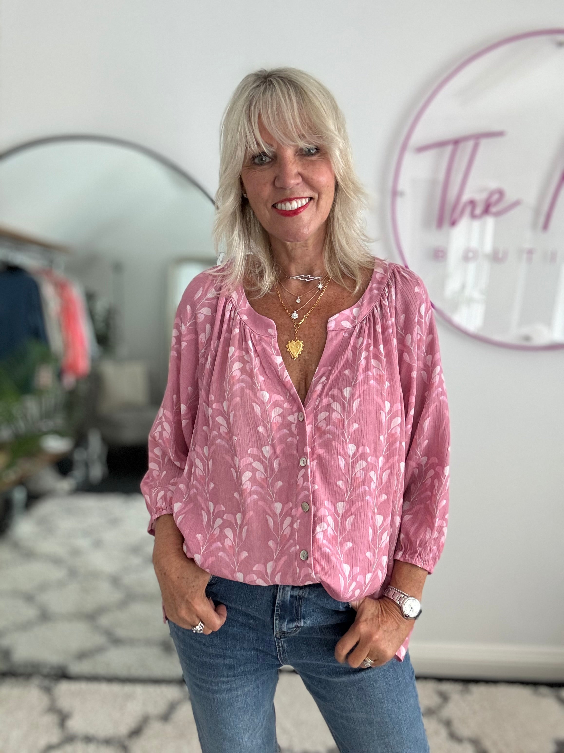 Leaf Print Blouse in Pink