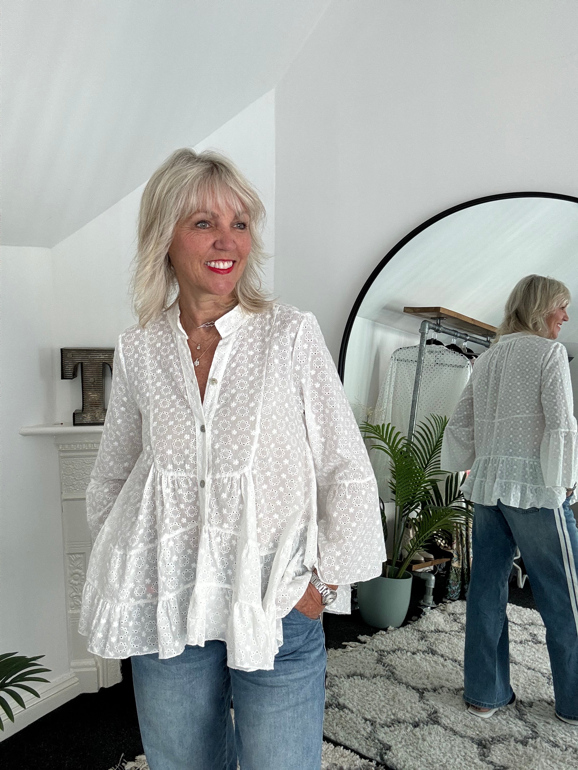 Tiered Broderie Anglaise Blouse in White