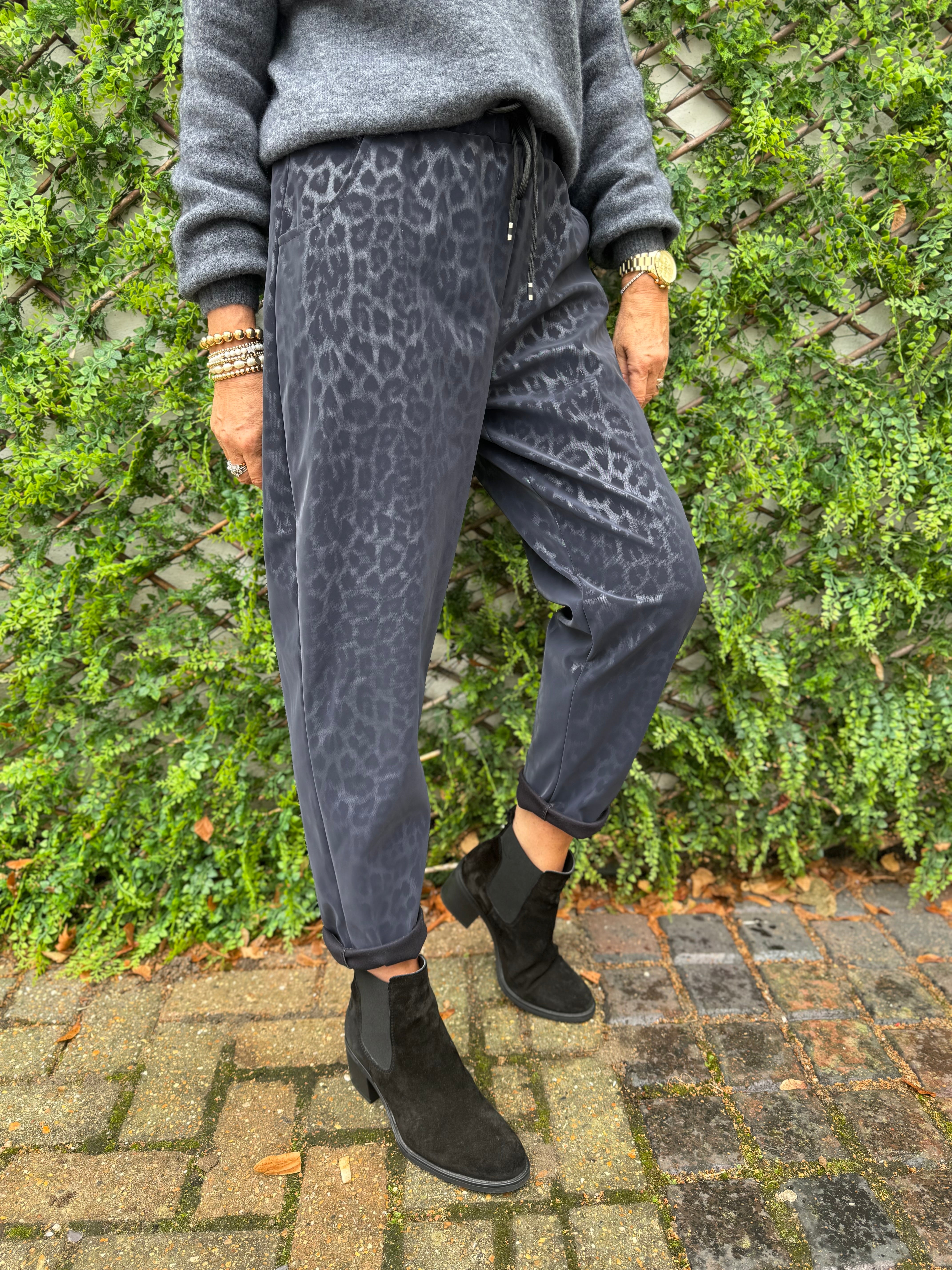 Faux Leather Leopard Print Joggers in Ink