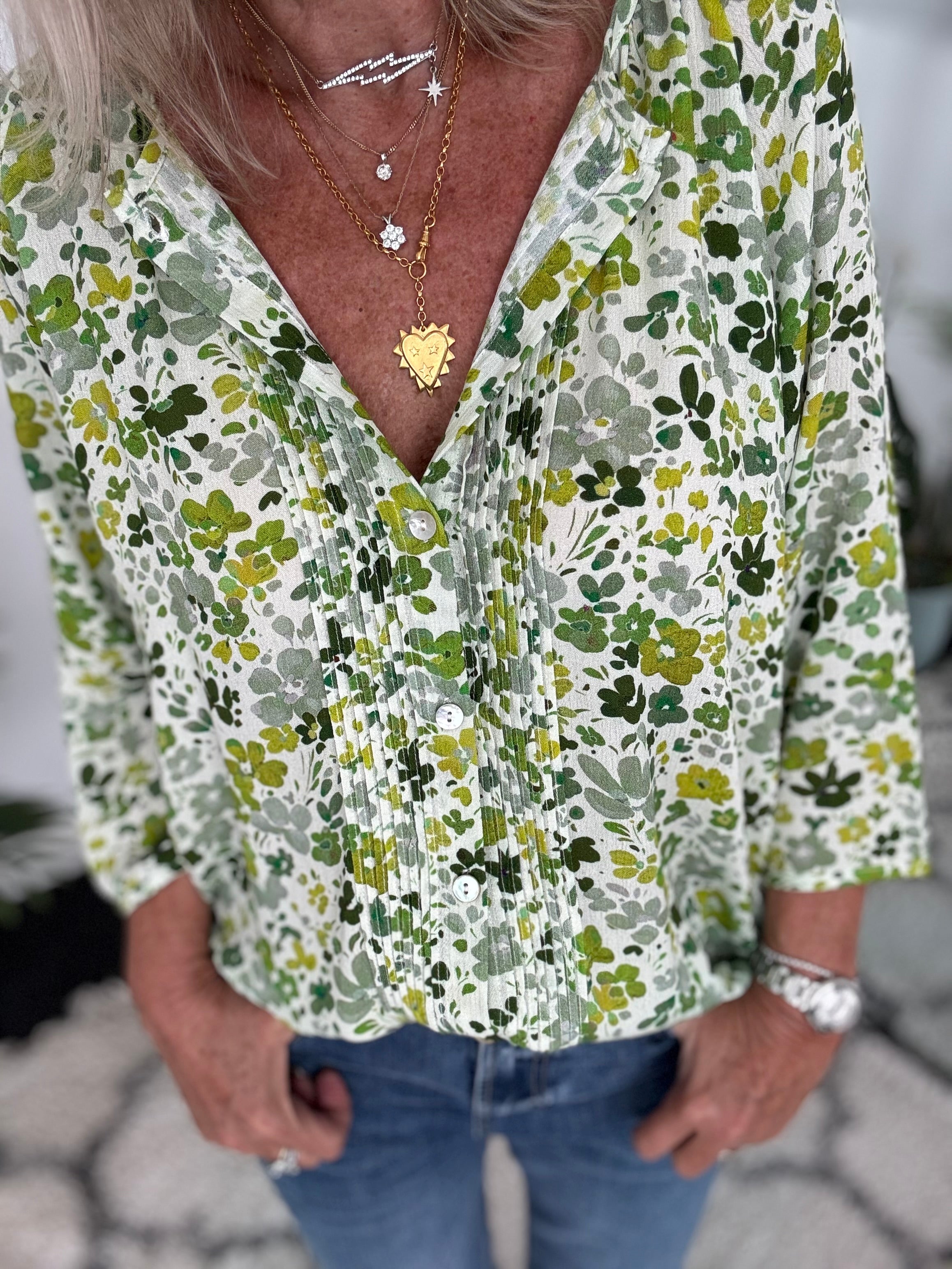 Pintuck Ditsy Blouse in Green & Lime