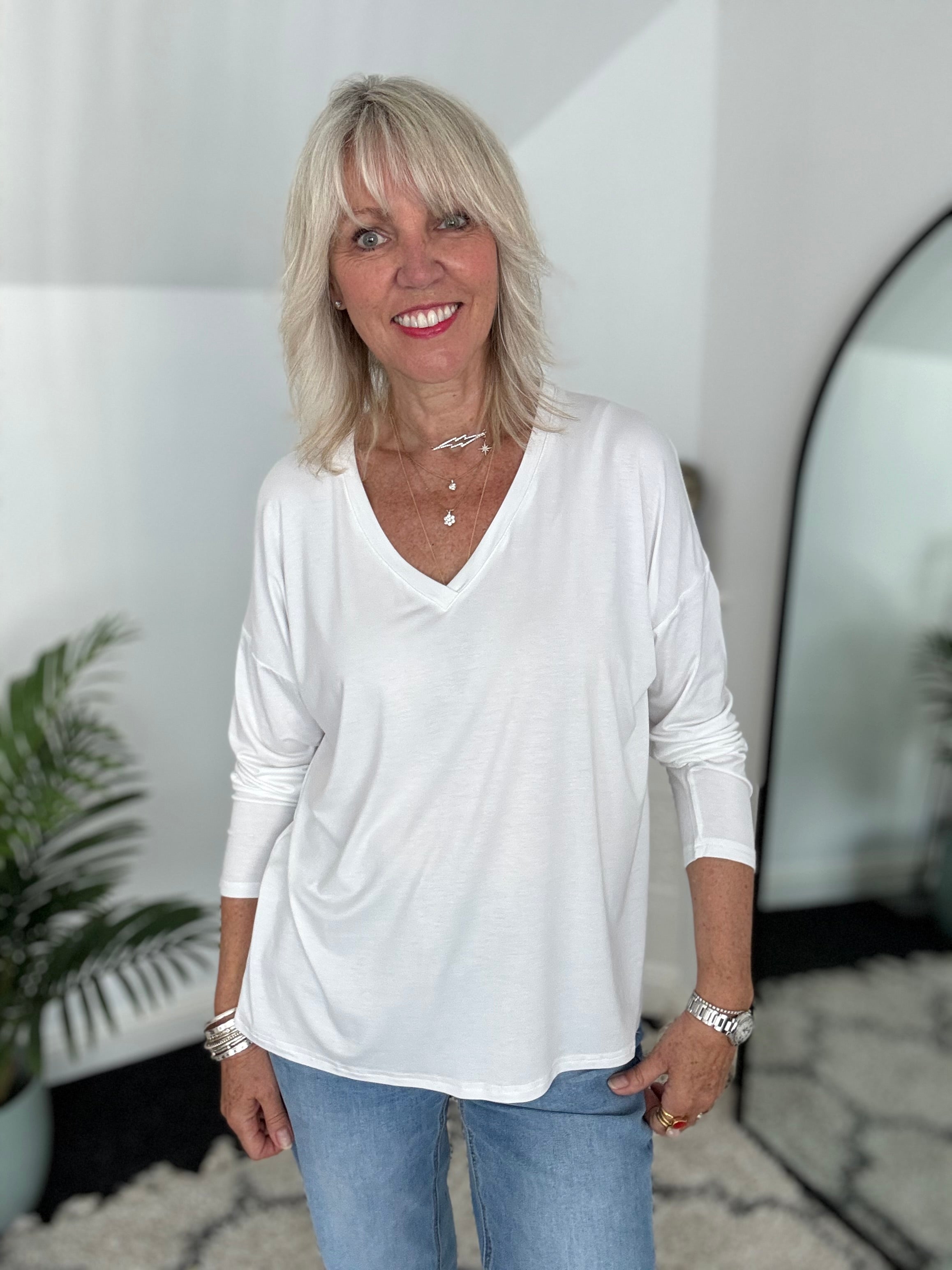 Bamboo Jersey V Neck Top in White