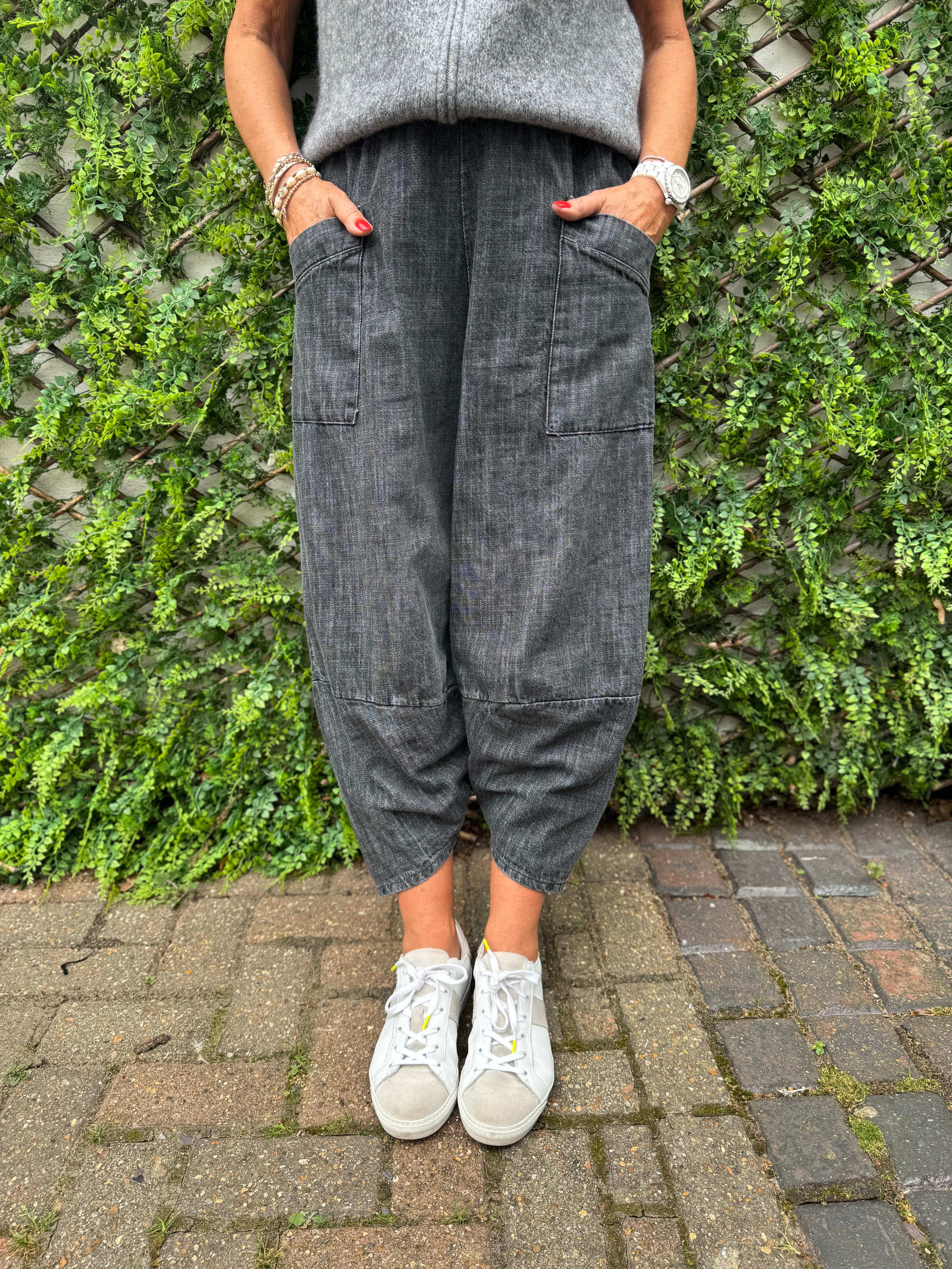Premium Barrel Leg Trousers in Washed Black Denim