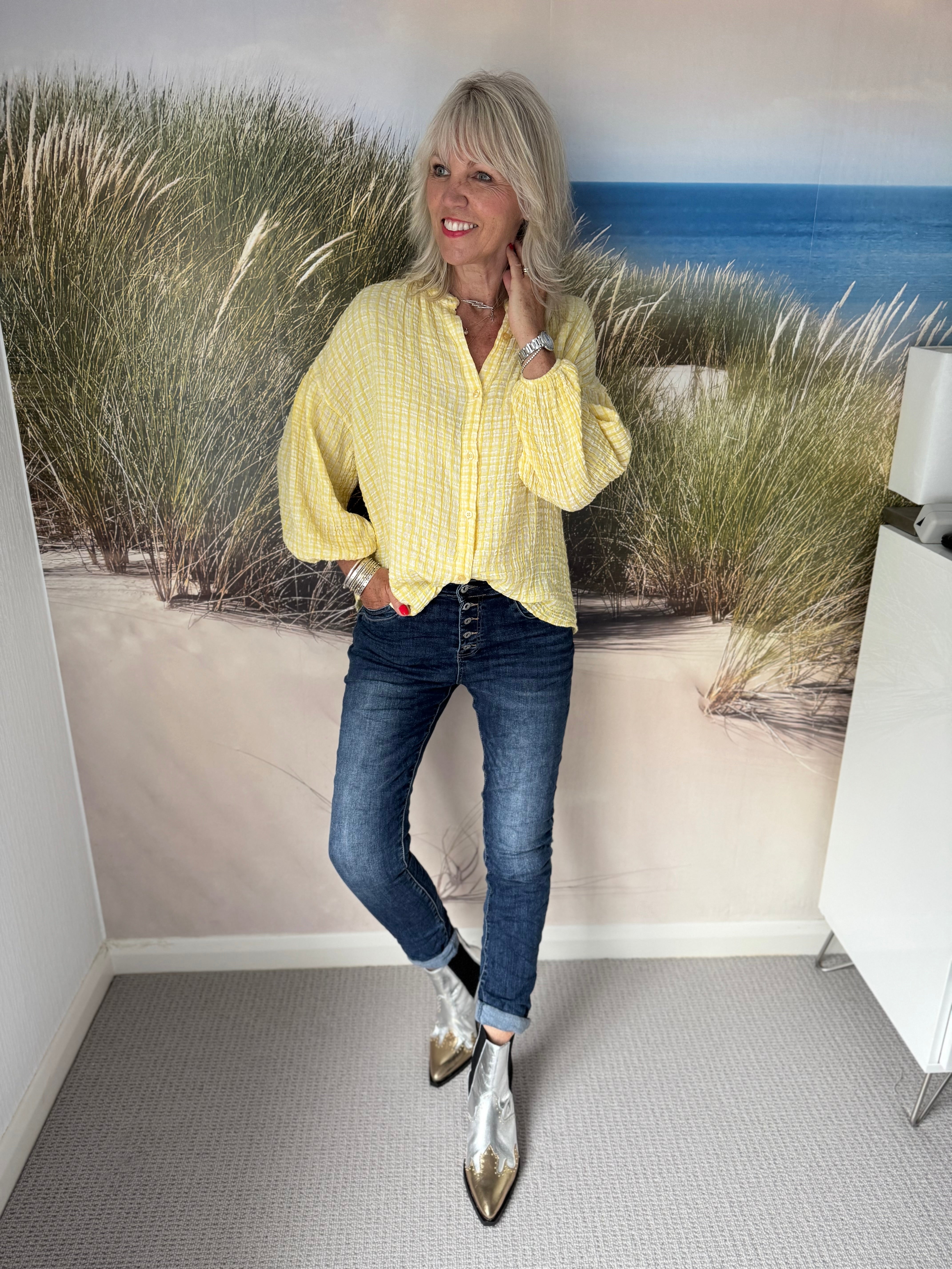 Gingham Seersucker Blouse in Lemon