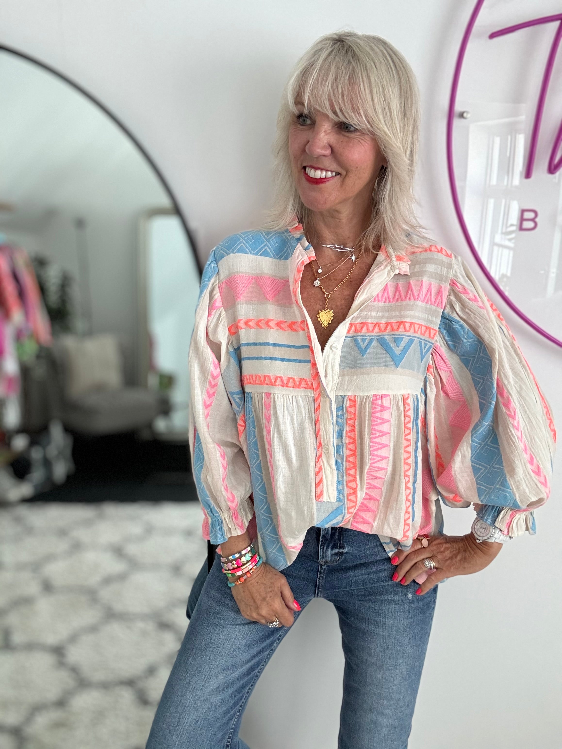 Embroidered Shirt in Blue & Pink