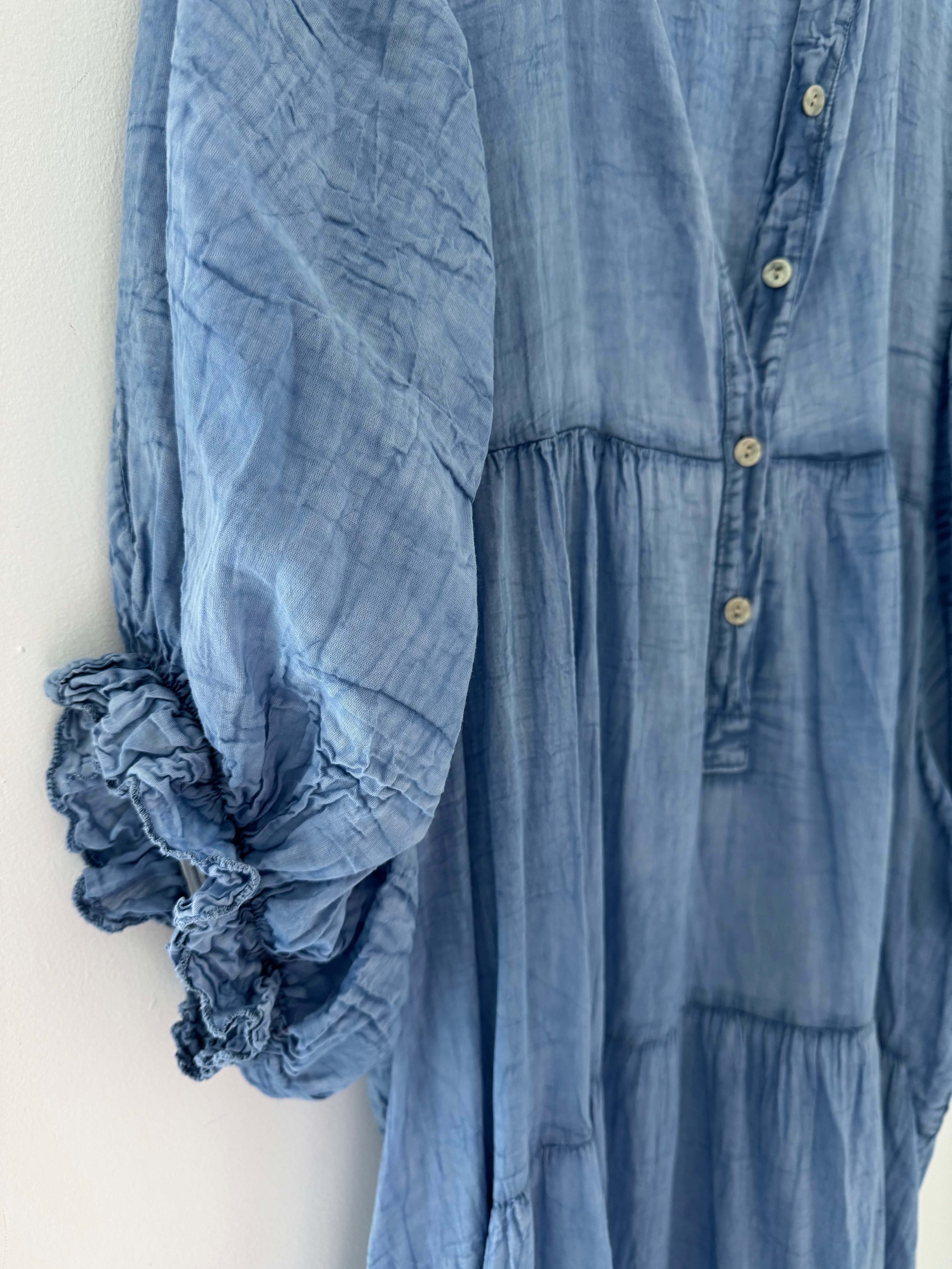 Oversized Cotton Tiered Dress in Vintage Blue