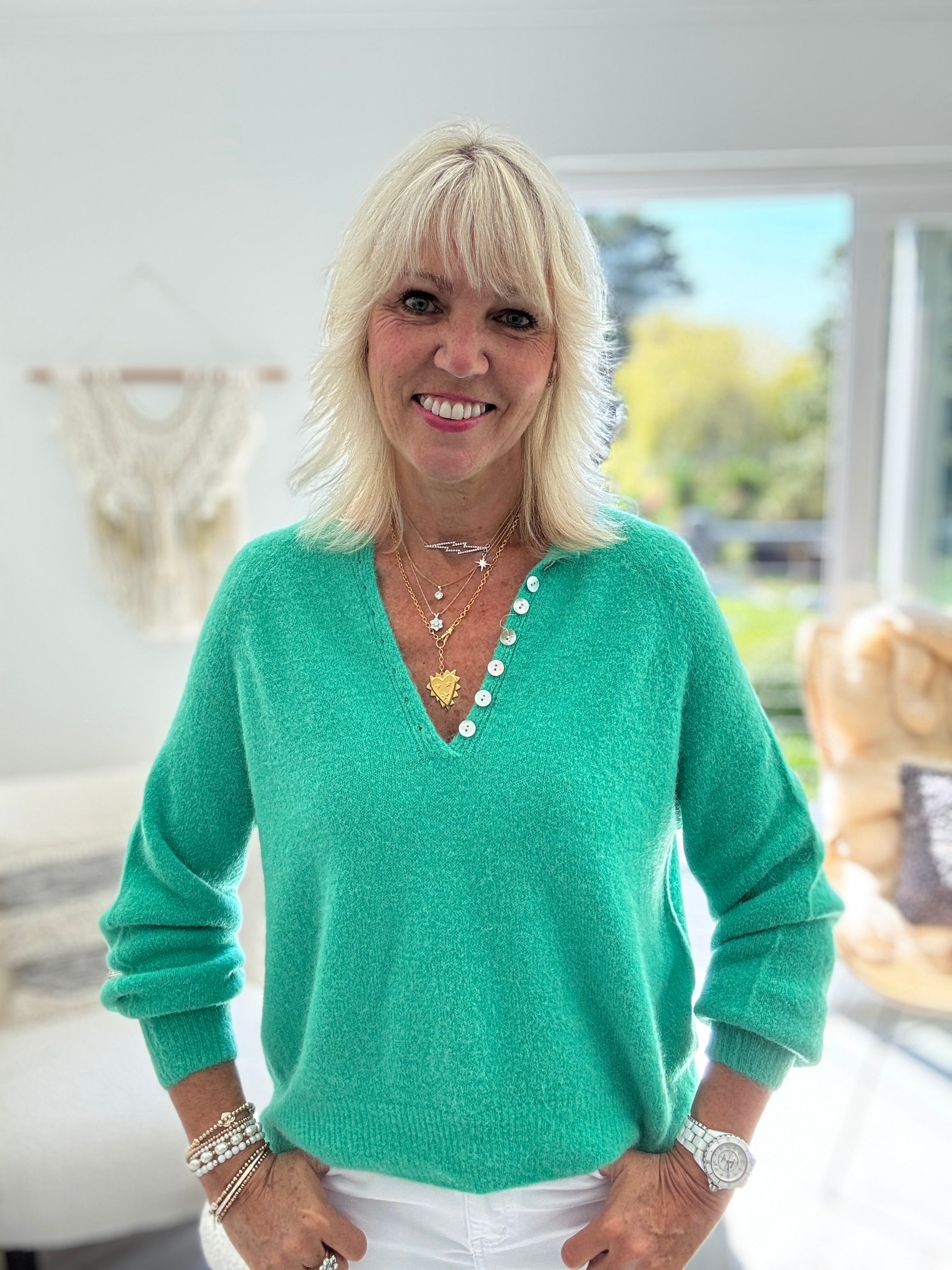 Softie Jumper with Button Neck in Emerald Green
