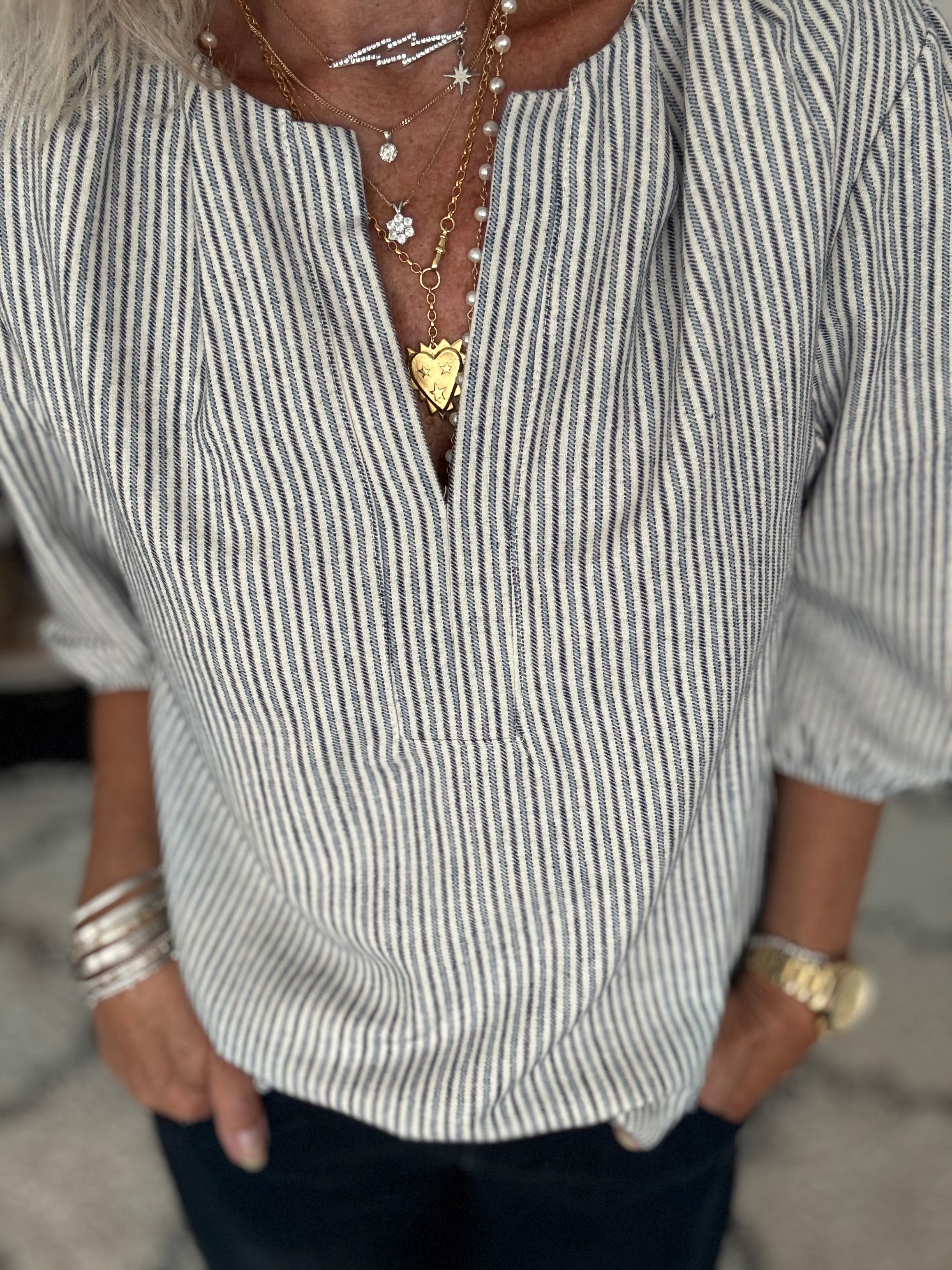 Brushed Cotton Stripe Blouse in Blue