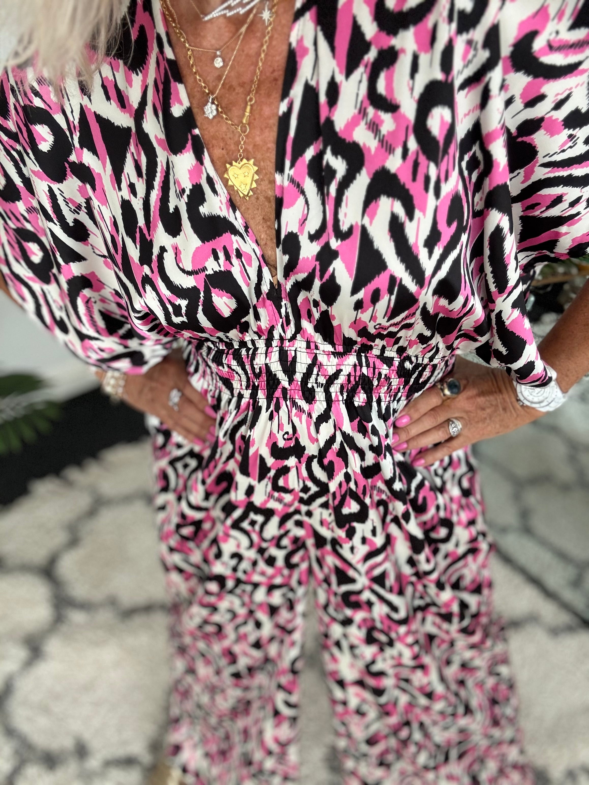 Silky Ikat Jumpsuit in Pink & Black