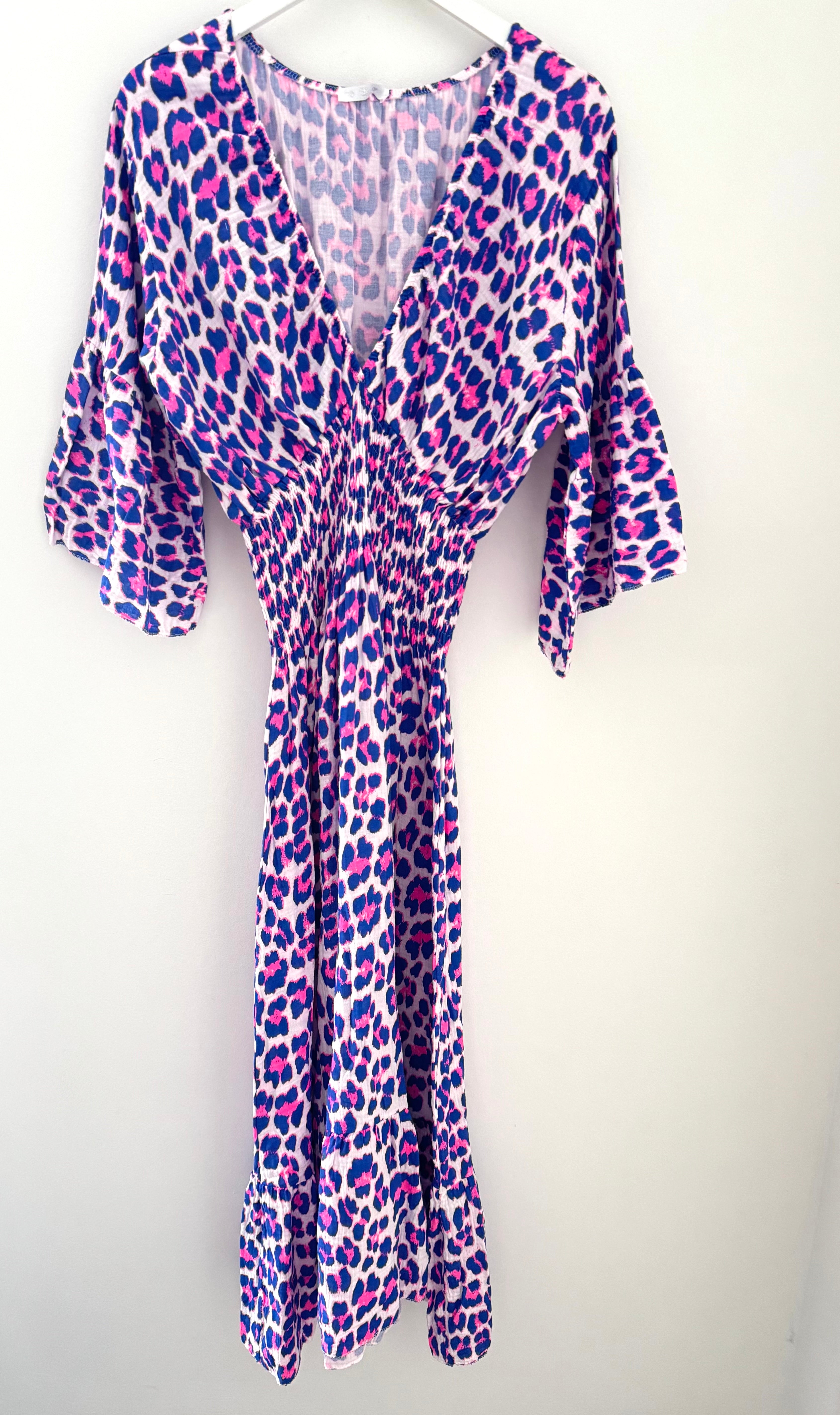 Cheesecloth Midi Dress in Royal & Neon Pink Leopard