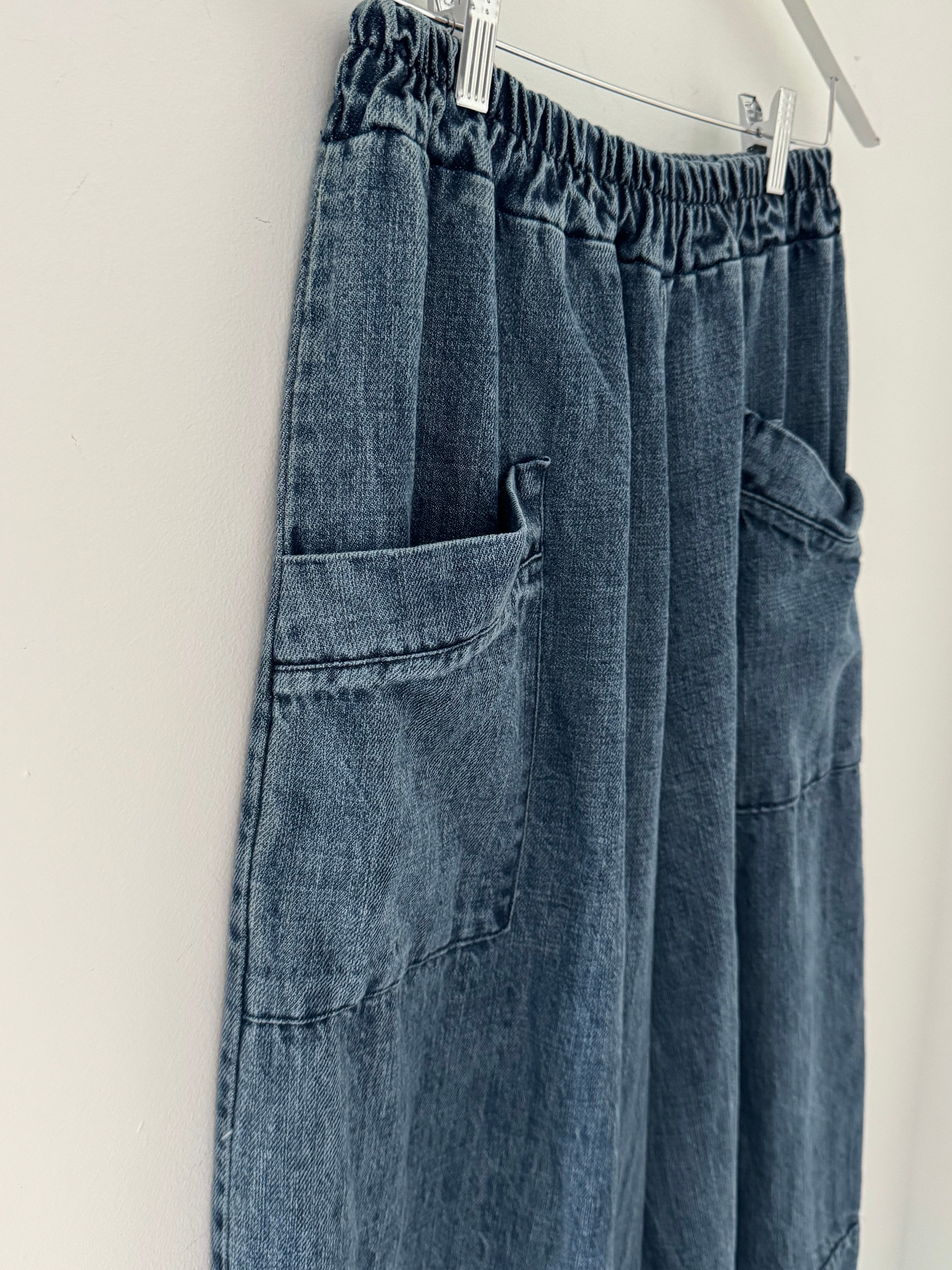 Premium Barrel Leg Trousers in Blue Denim