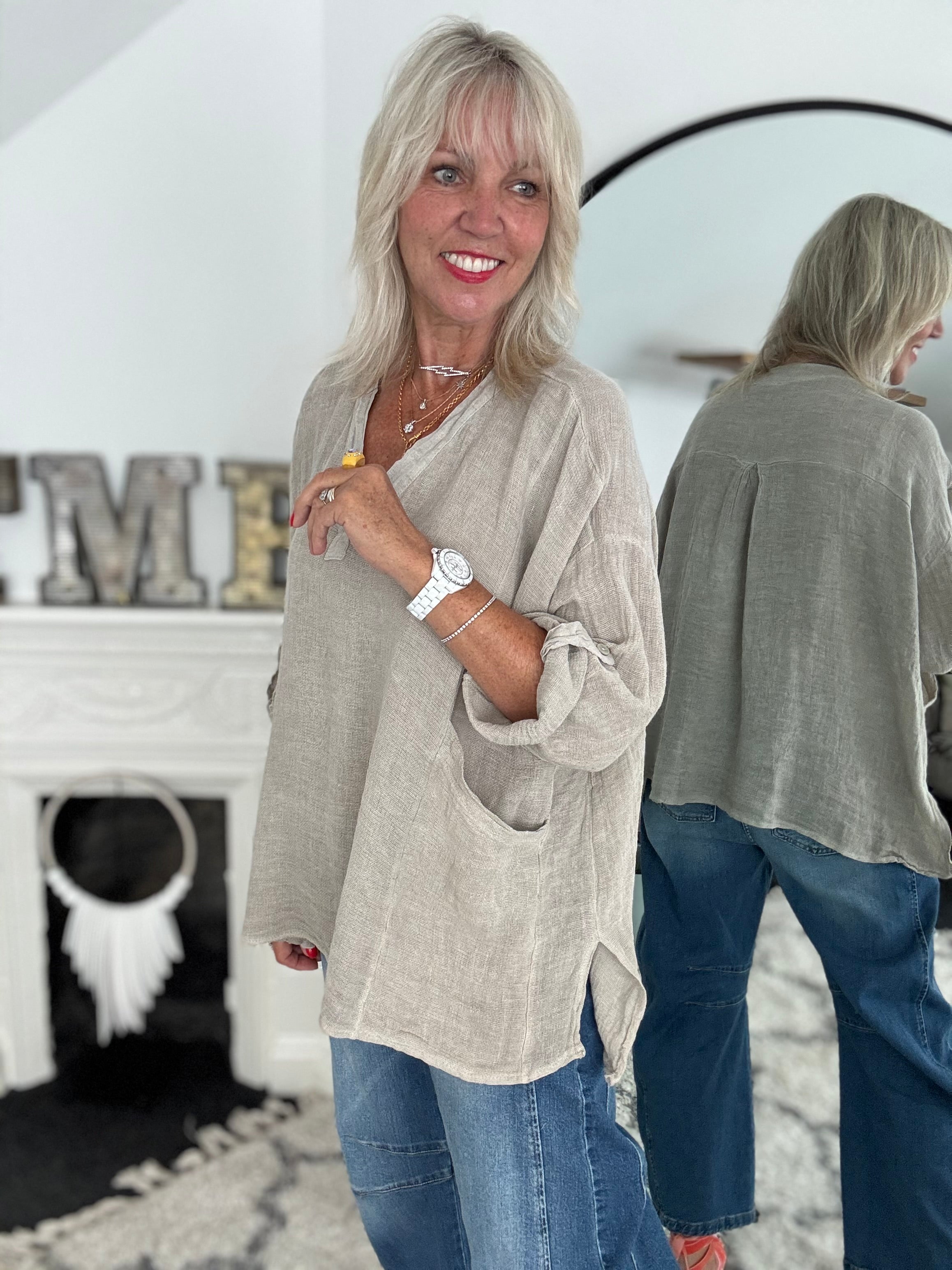 Oversized Linen & Cotton Pocket Top in Light Mocha