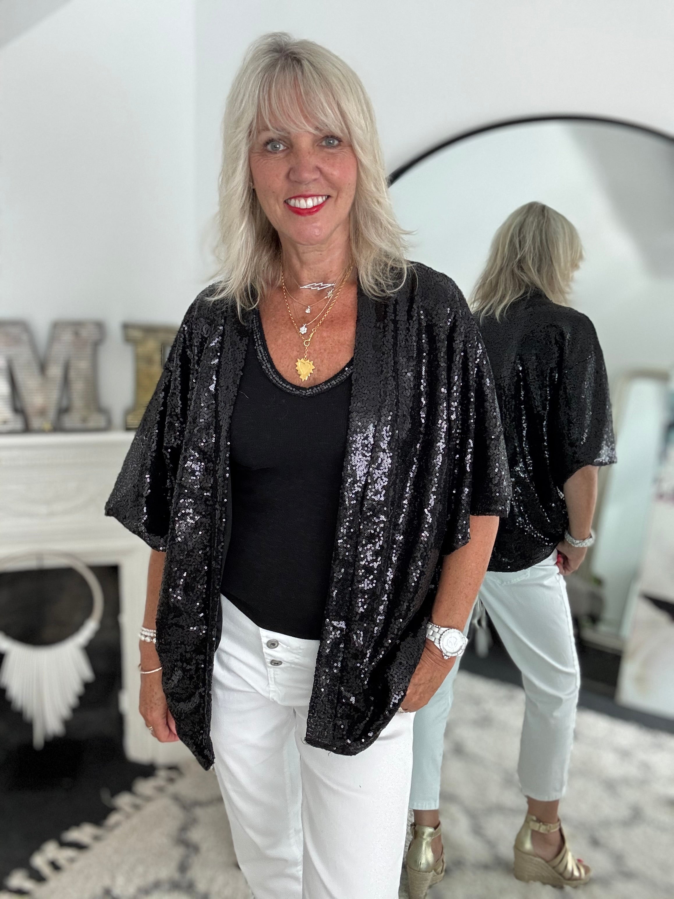 Sequin Kimono Jacket in Black