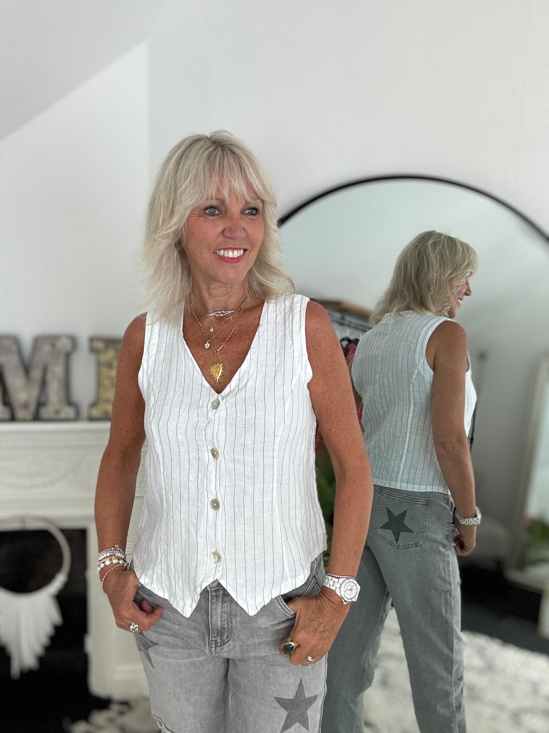 Pure Linen Waistcoat in White & Grey