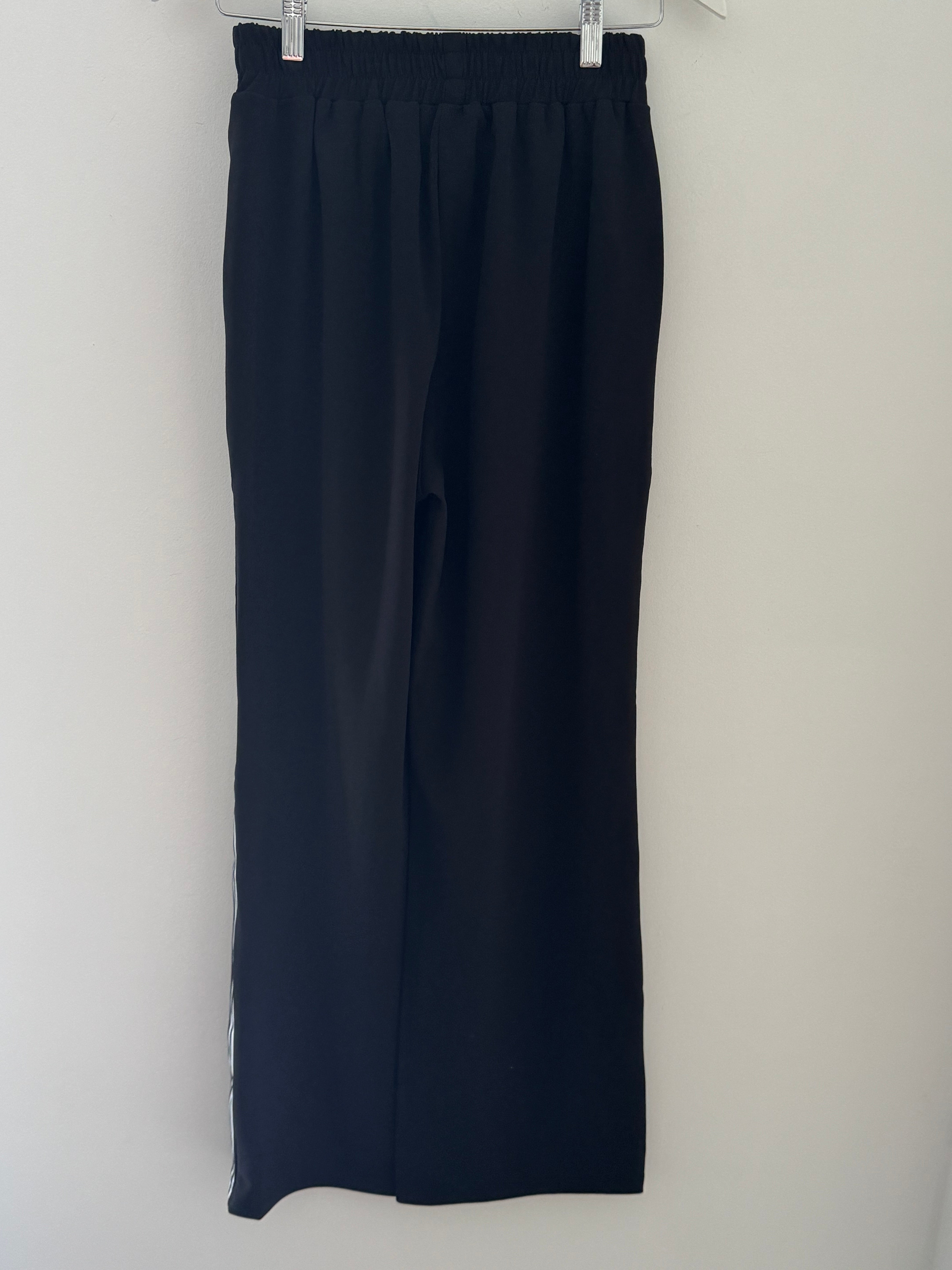 Wide Leg Crepe Trousers in Black with White Stripe