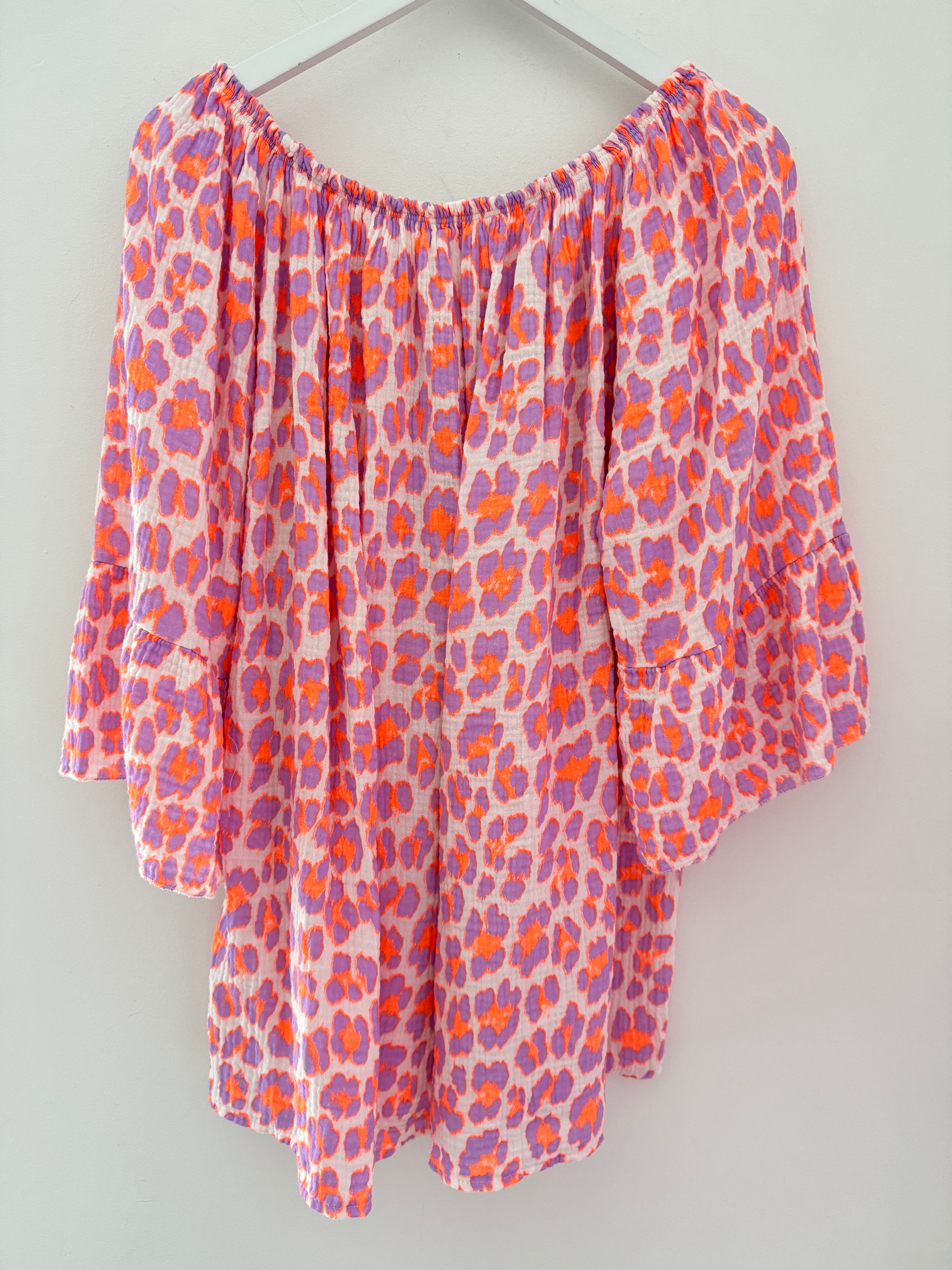 Cheesecloth Bardot Top in Lilac & Orange Leopard