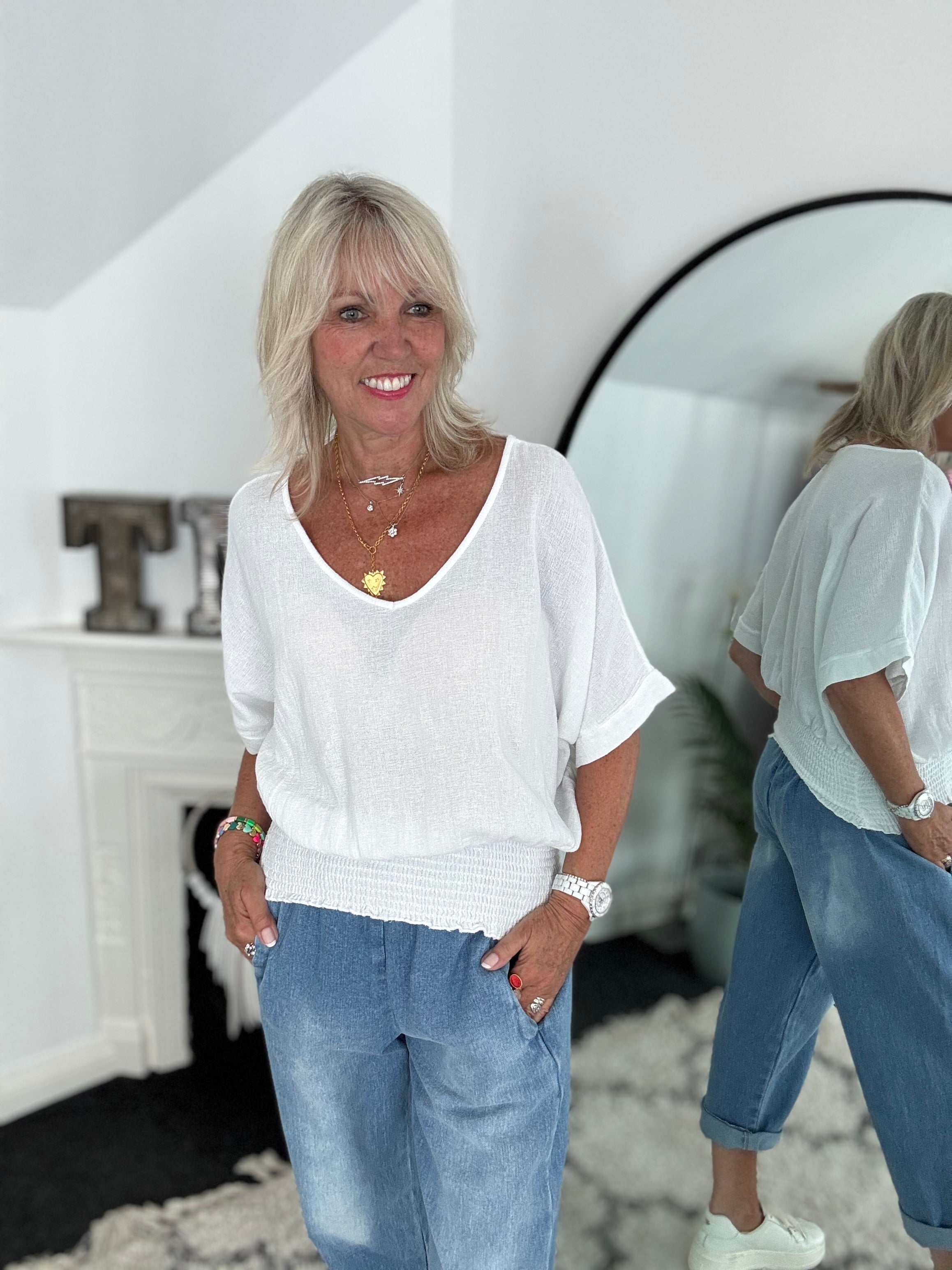 Linen & Cotton Top with Shirred Waist in White