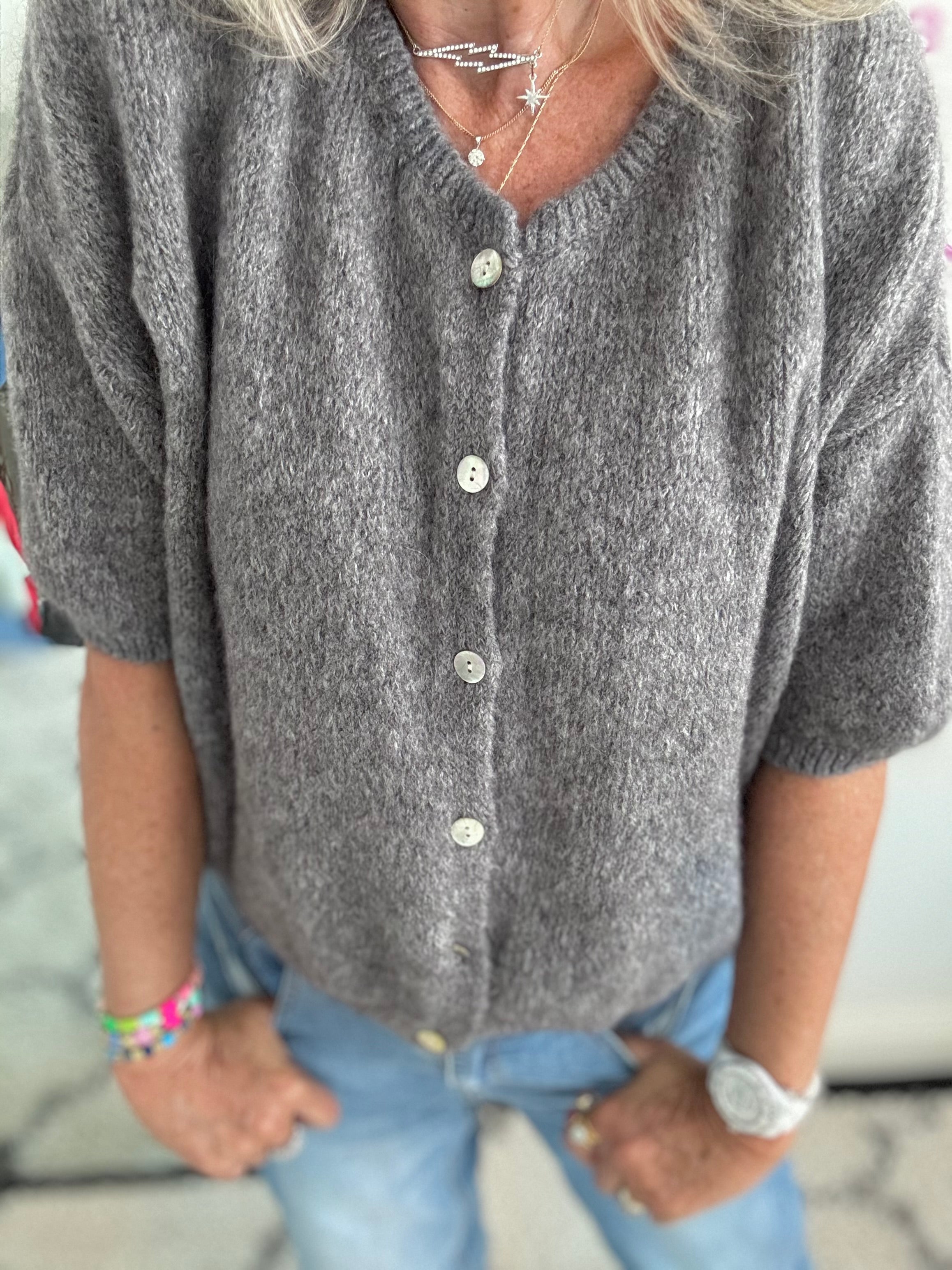 Cropped Sleeve Buttoned Cardi in Soft Charcoal