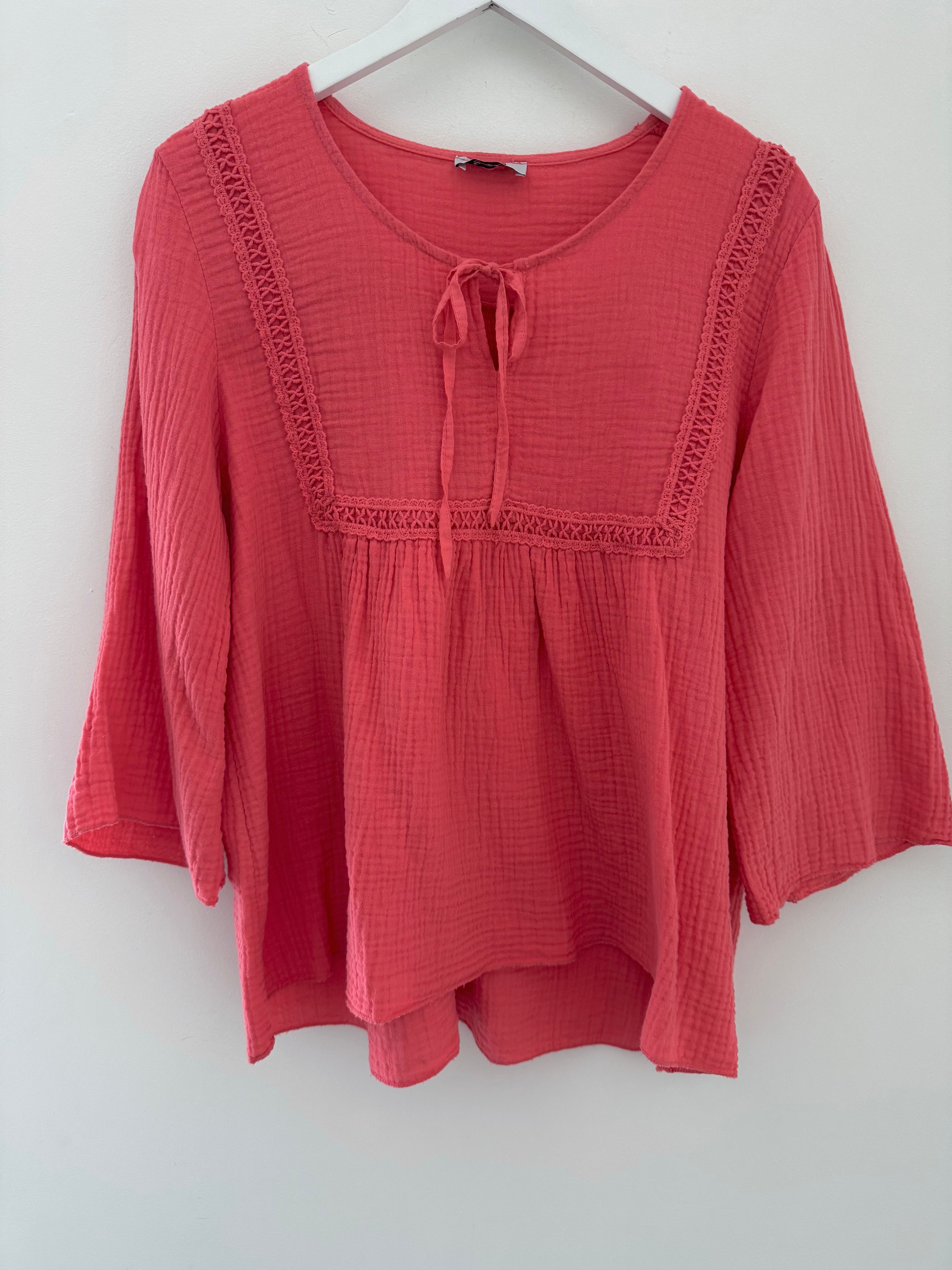 Cheesecloth Folk Blouse in Coral