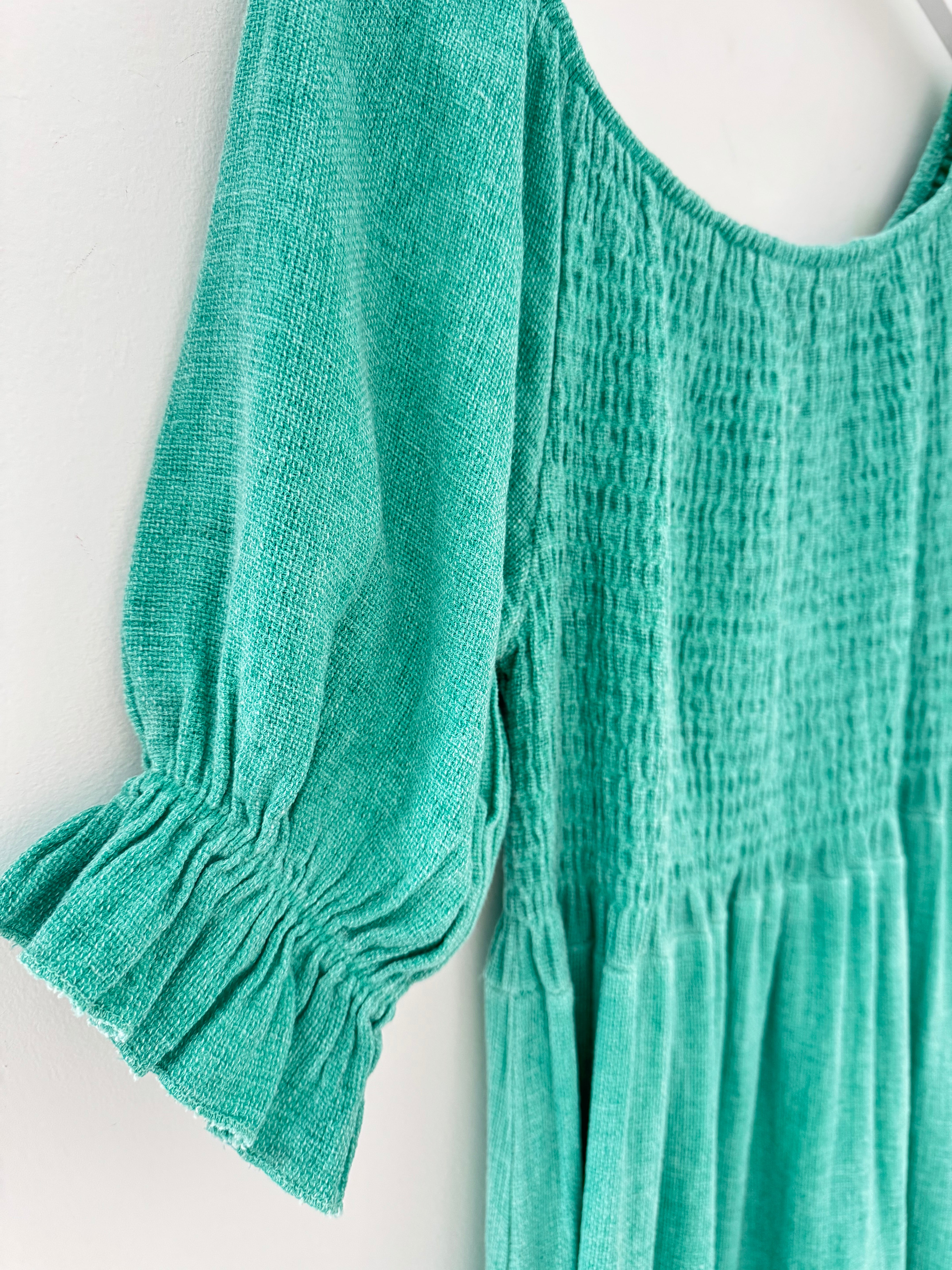Cotton & Linen Shirred Dress in Ocean Green