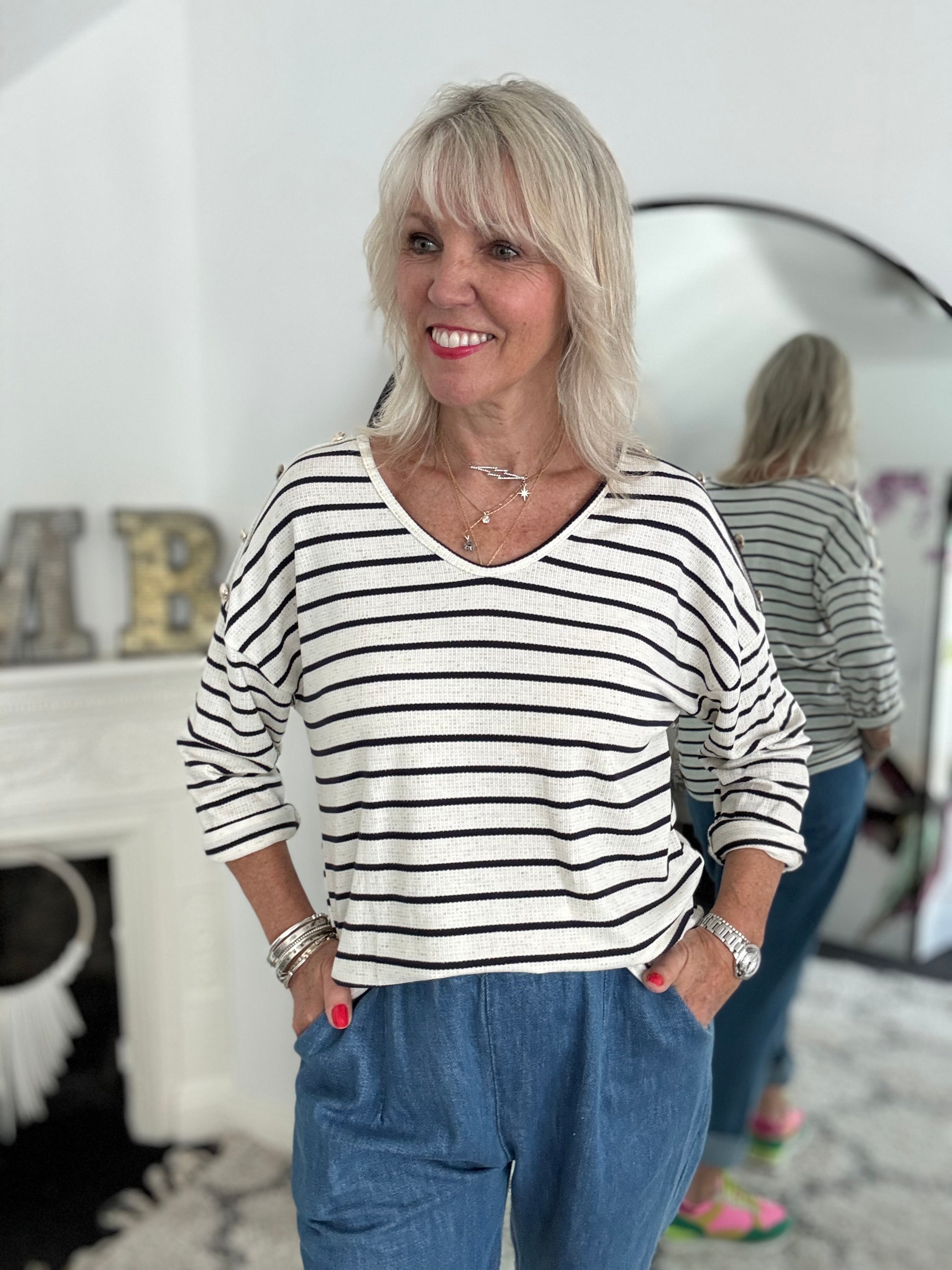 Stripe Knit with Gold Buttons in Ink & Ivory