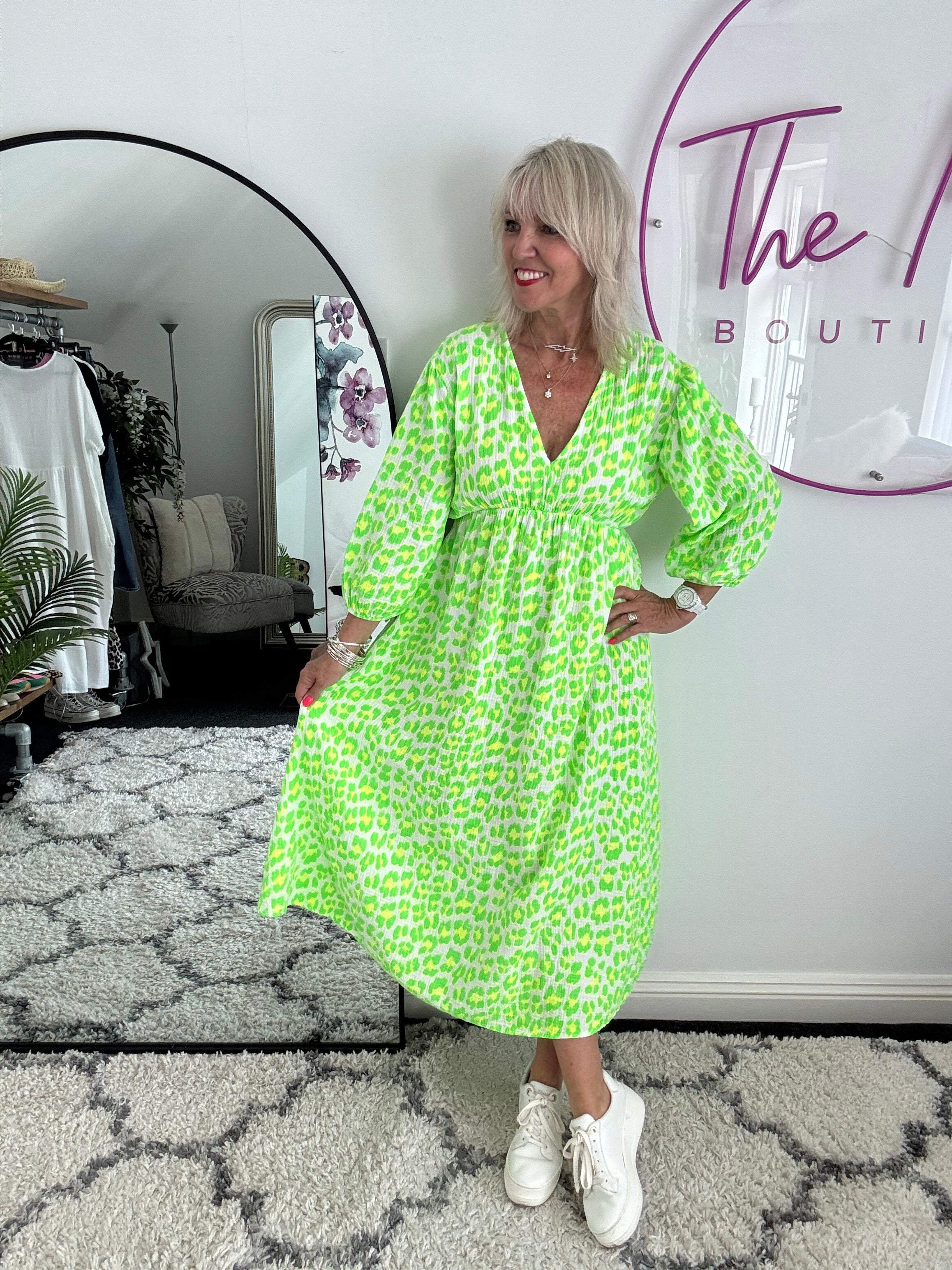 Cheesecloth Midi Dress in Neon Citrus Leopard