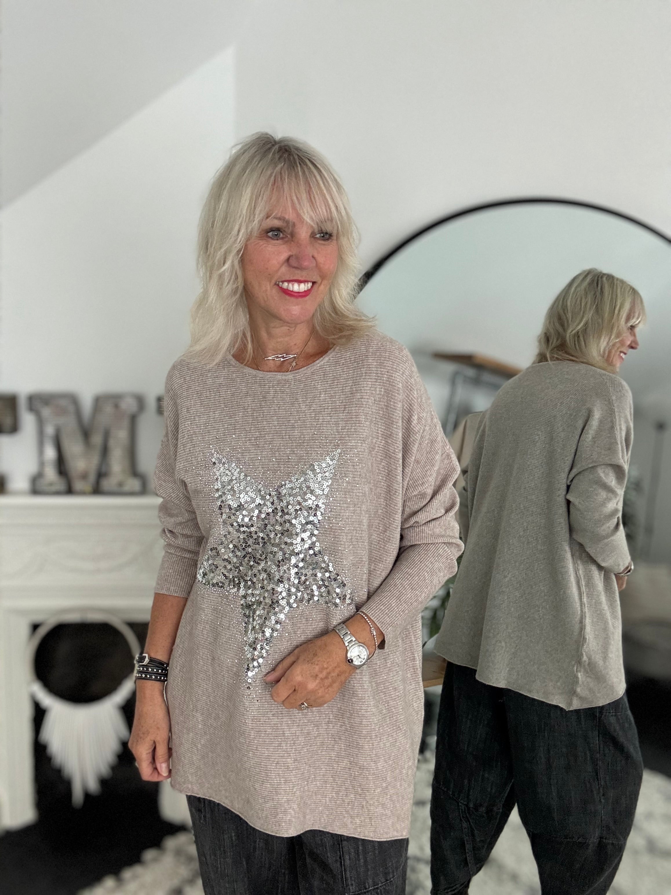 Ribbed Sequin Star Jumper in Stone