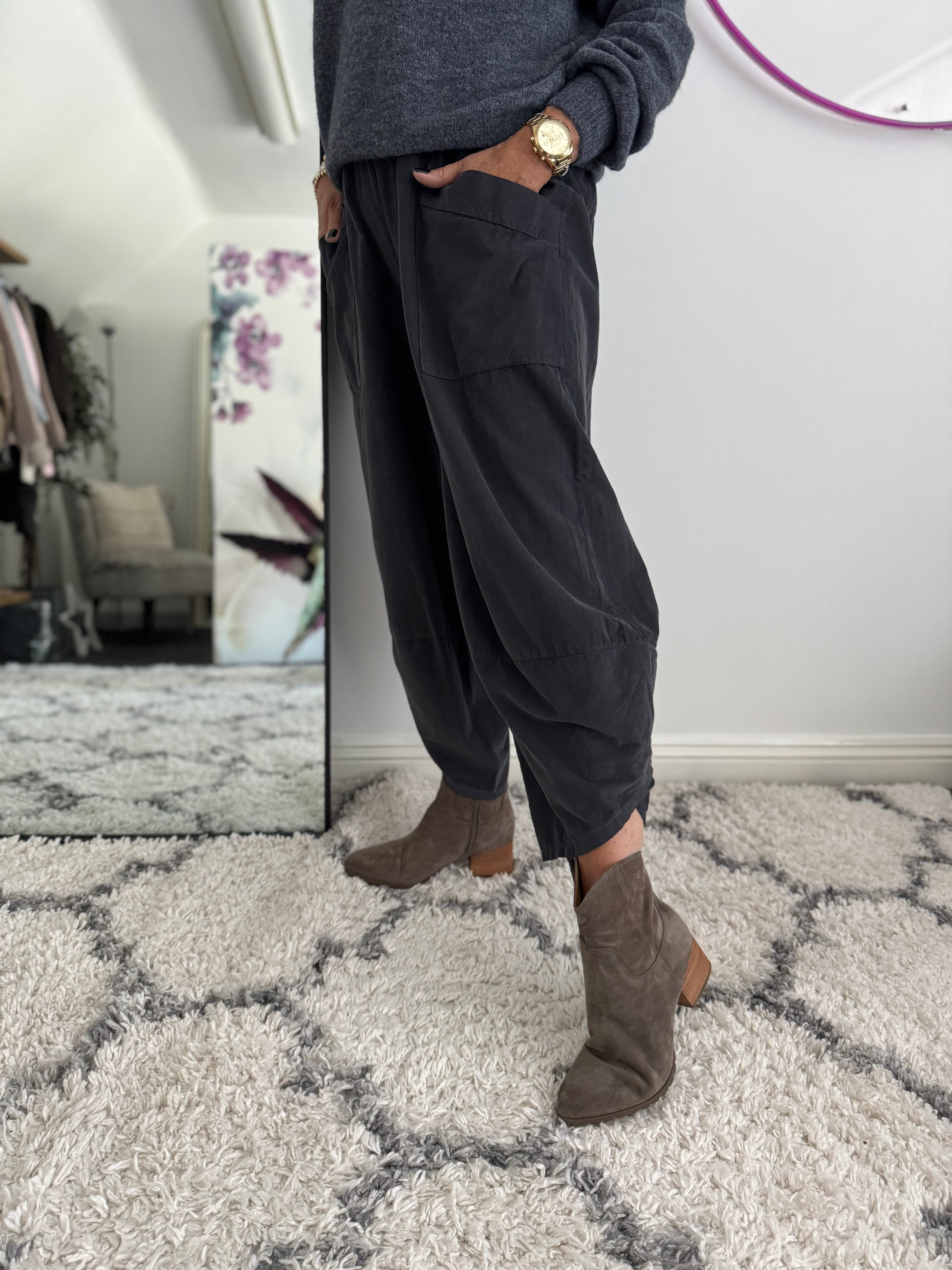 Cord Barrel Leg Trousers in Charcoal