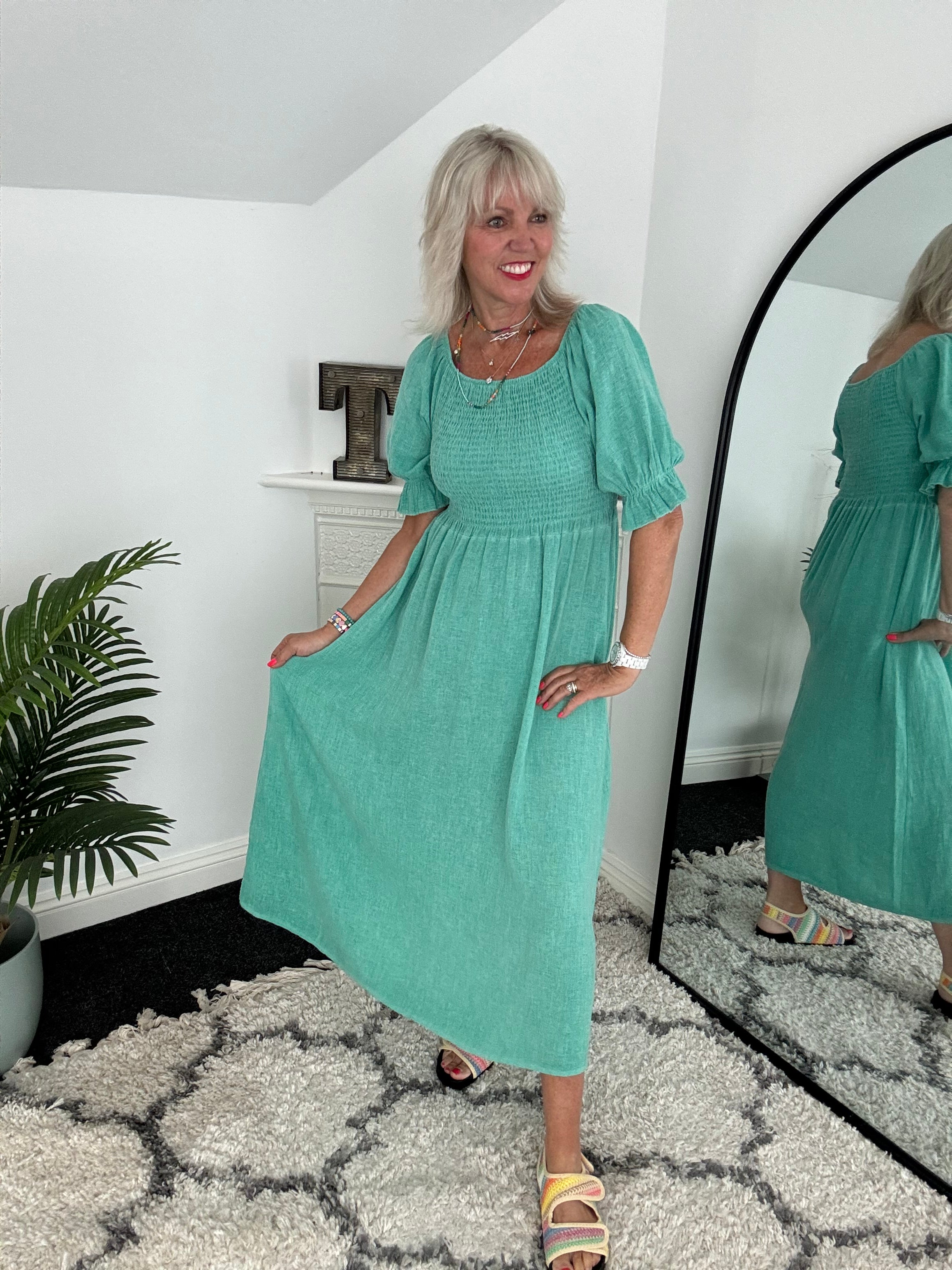 Cotton & Linen Shirred Dress in Ocean Green