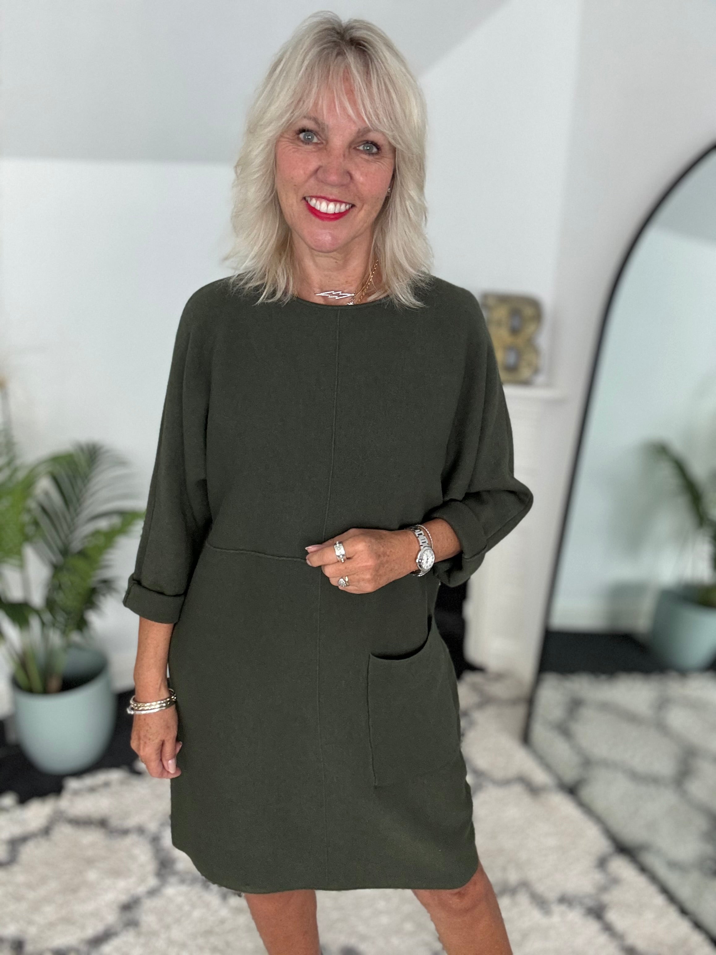 Luxe Knitted Pocket Dress in Khaki