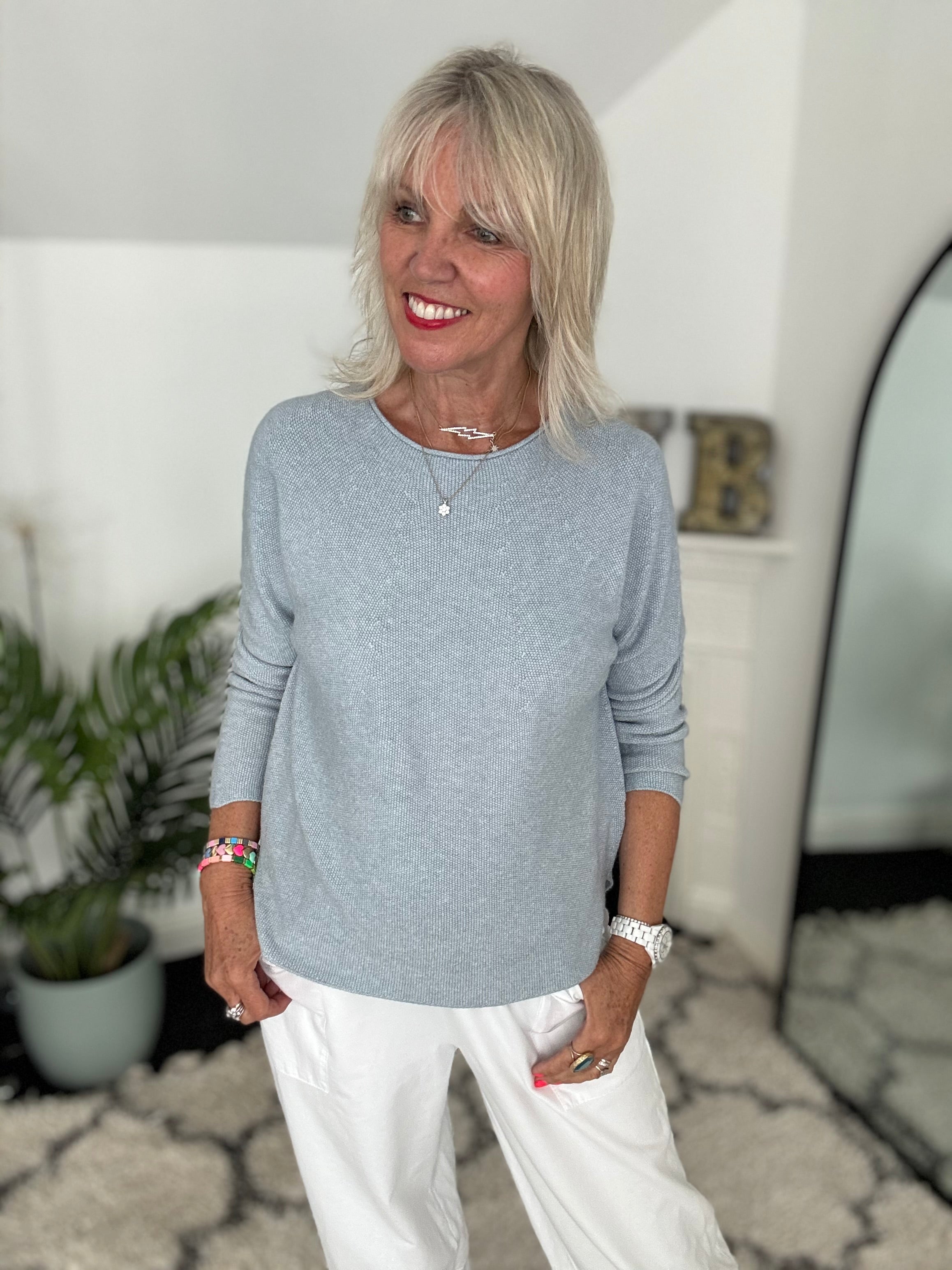 Moss Stitch Jumper with Ladder Back in Eggshell