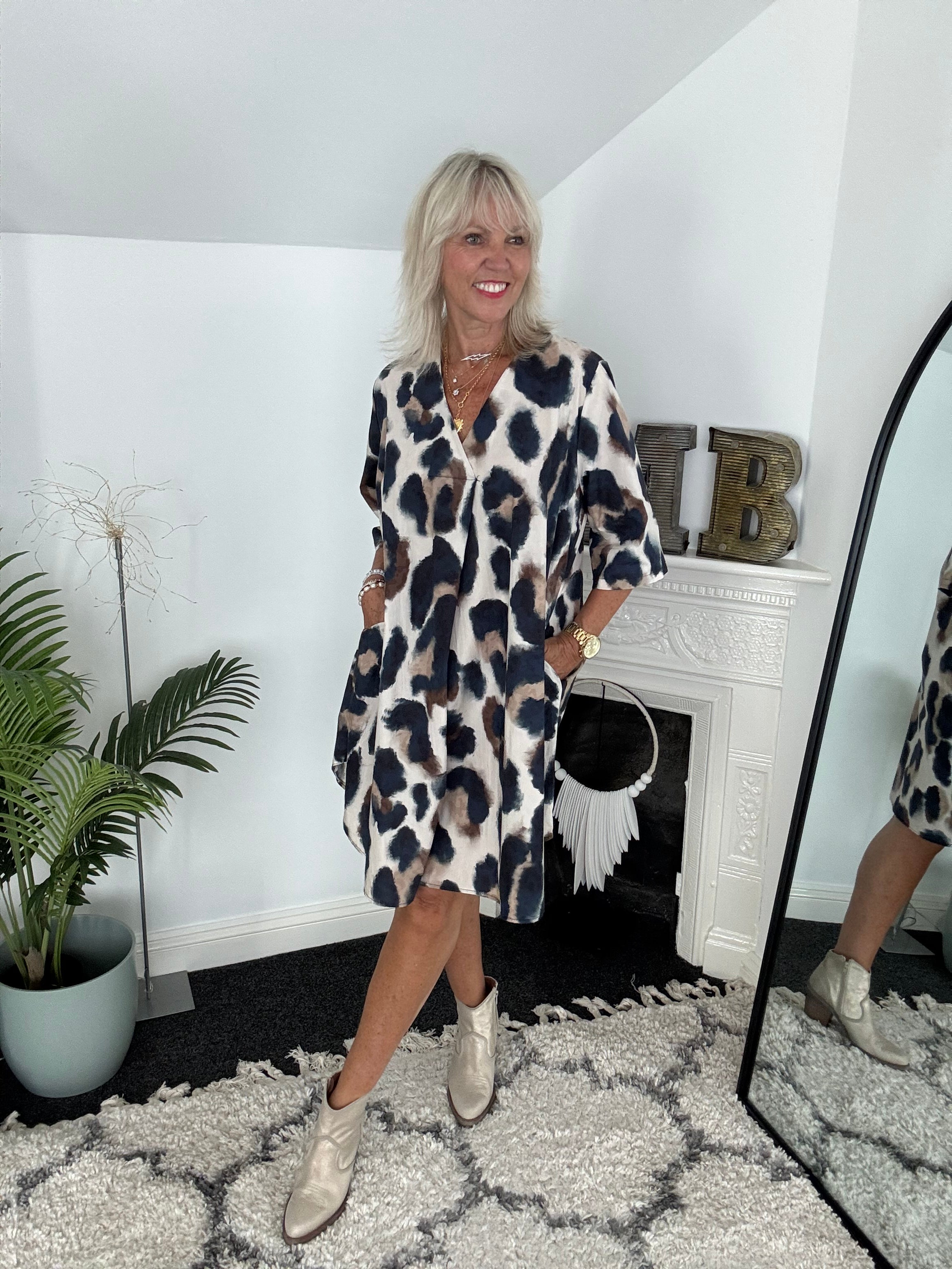 Cotton Dress in Mocha & Navy Leopard
