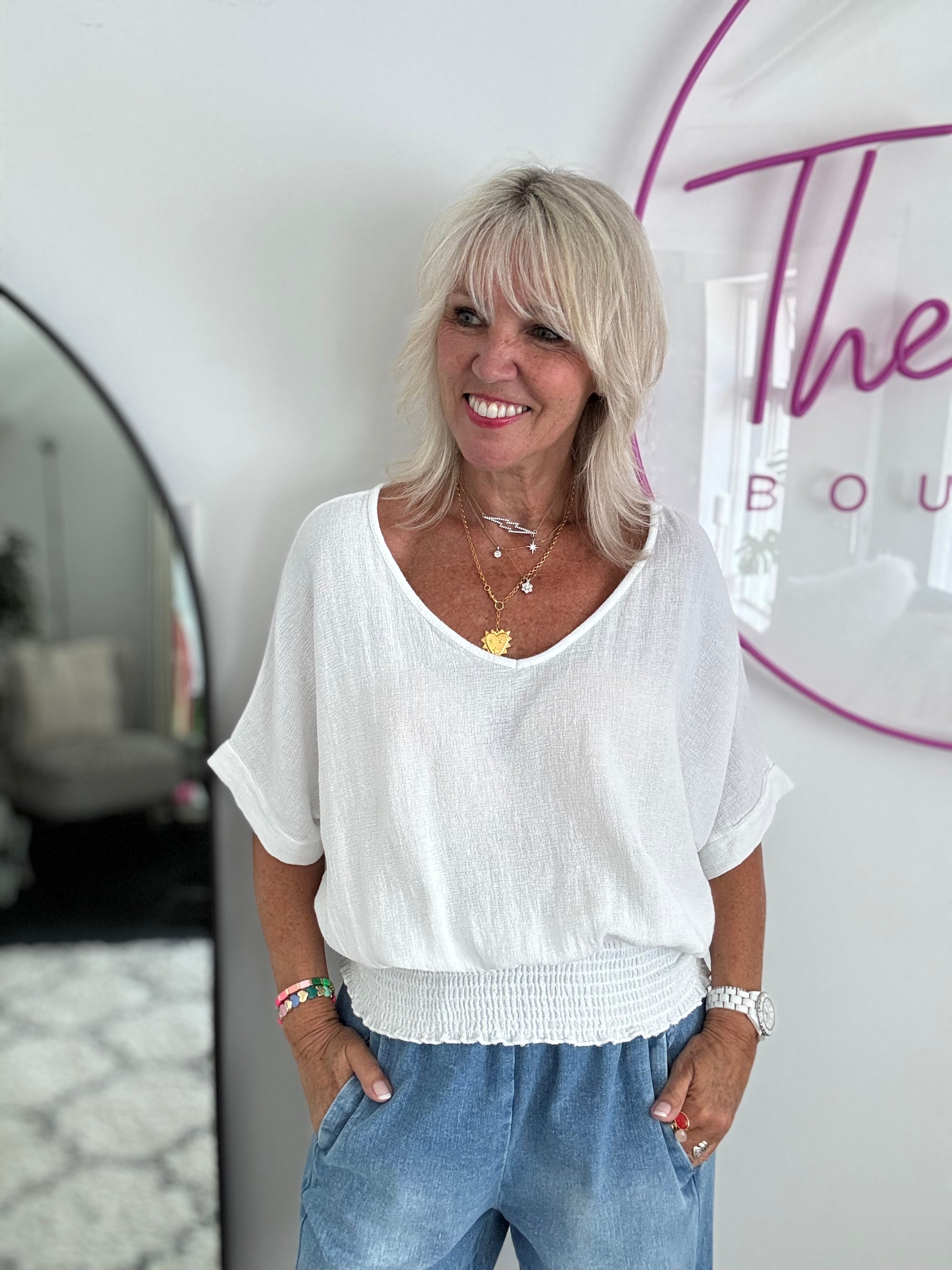 Linen & Cotton Top with Shirred Waist in White