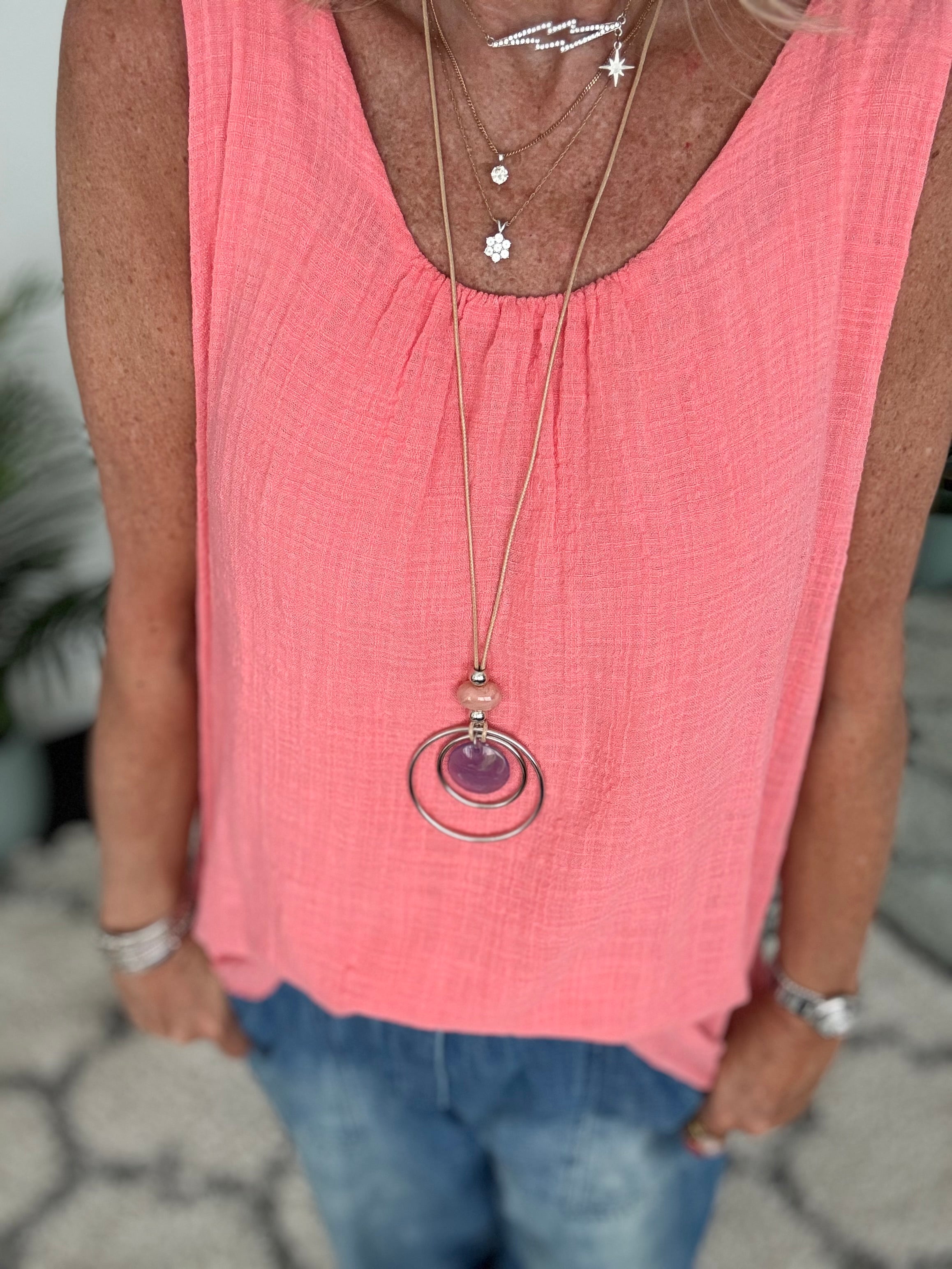 Cotton Top with Necklace in Coral