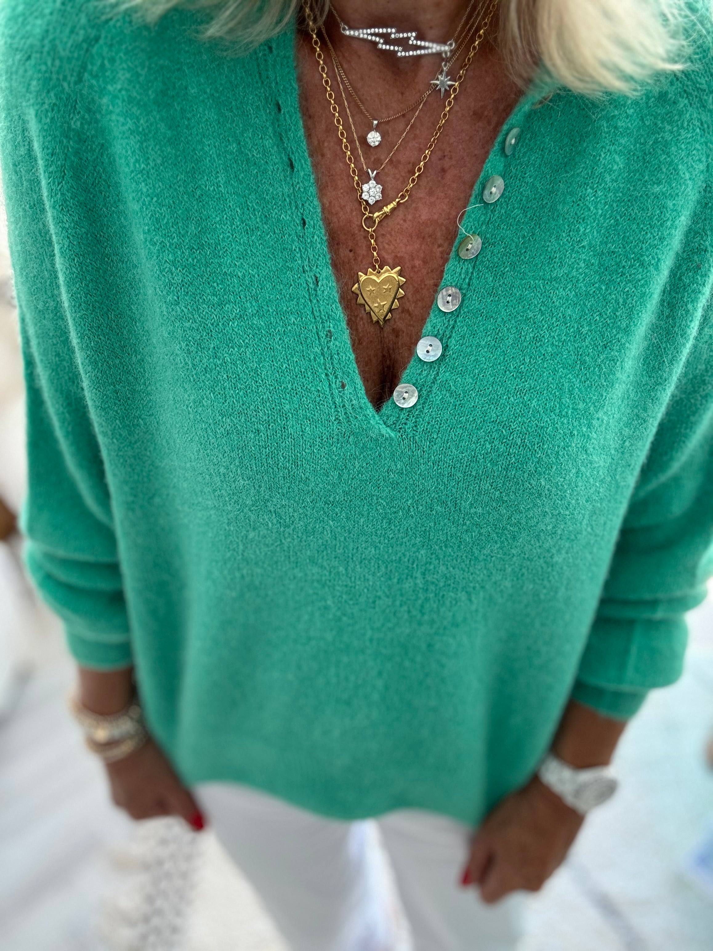 Softie Jumper with Button Neck in Emerald Green