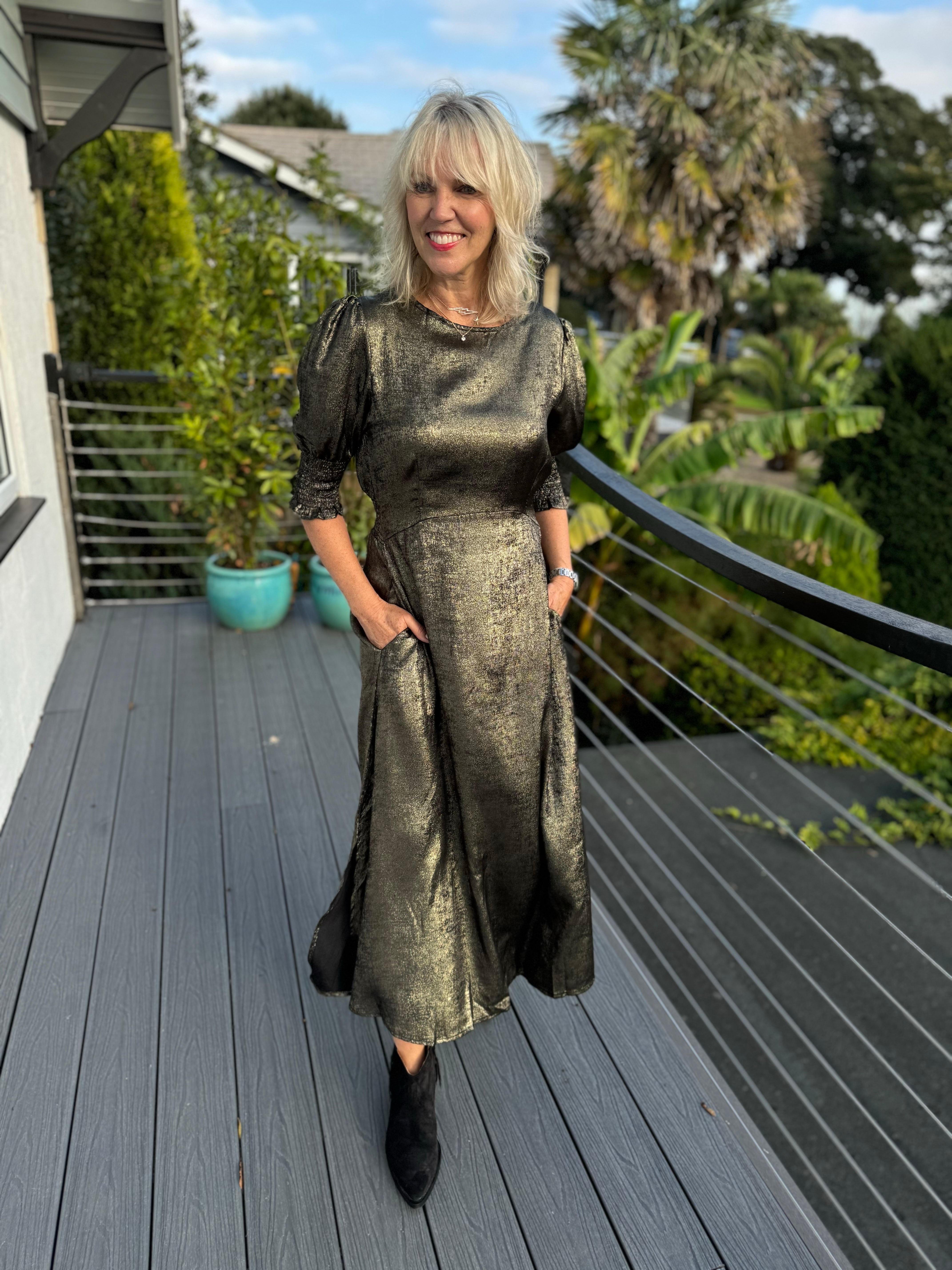 Metallic Tea Dress in Gold & Black