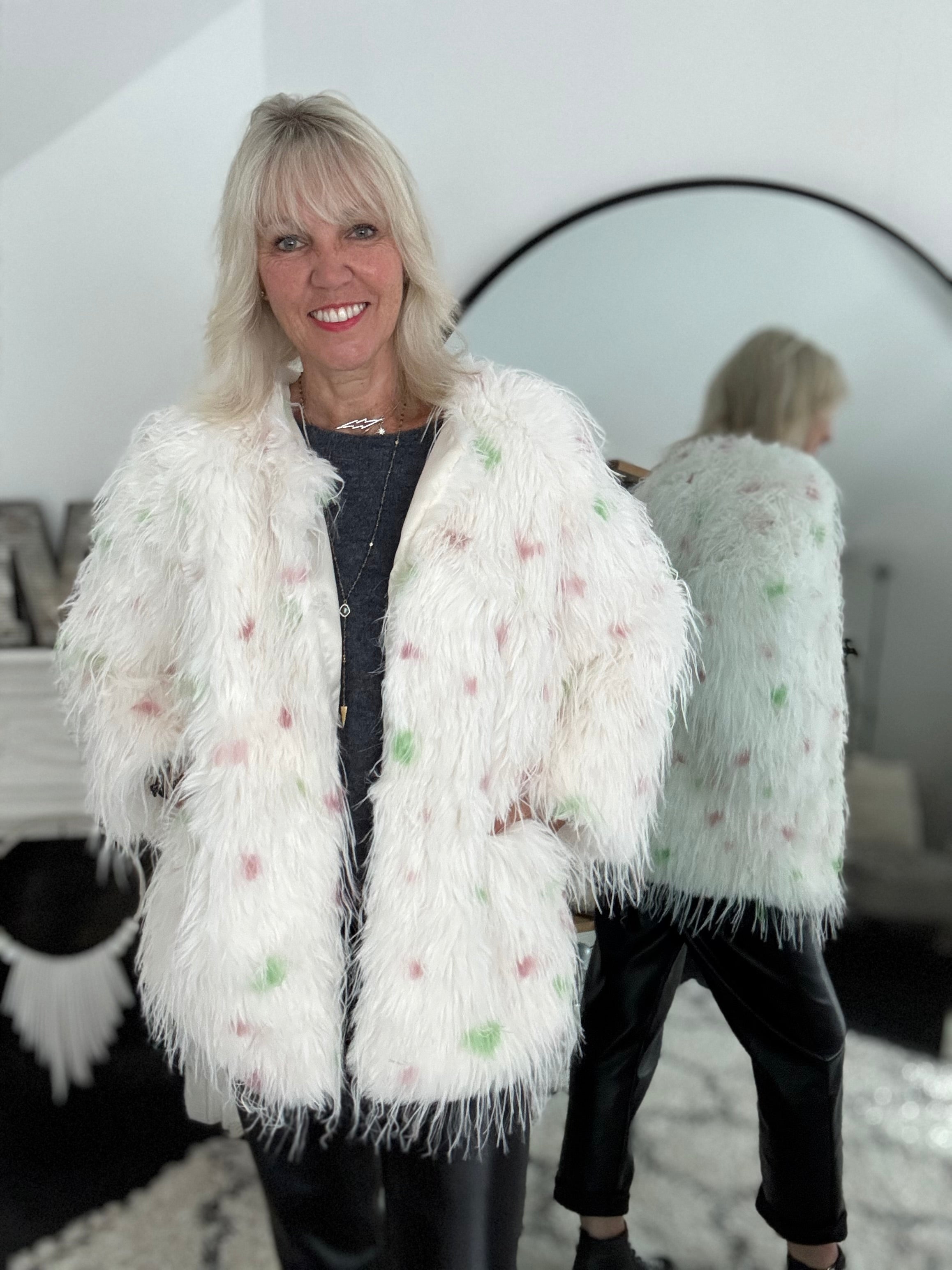 Faux Fur Spot Jacket in Pink & Green